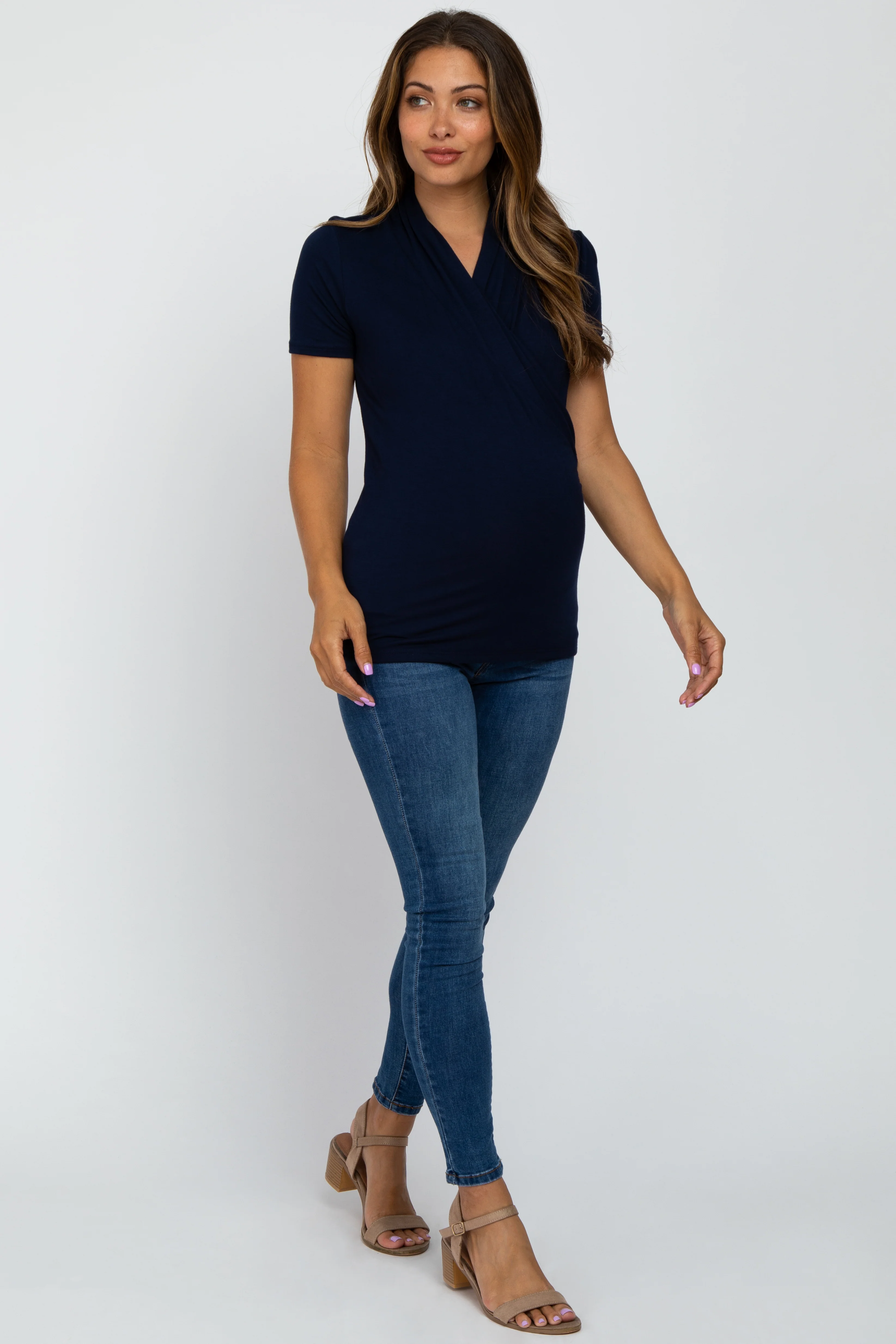 Navy Blue Solid Short Sleeve Wrap Front Maternity/Nursing Top - Image 4