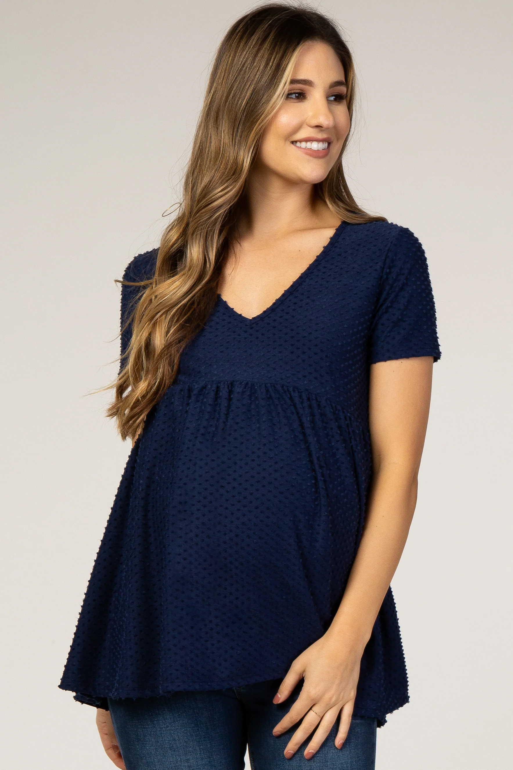 Navy Blue Swiss Dot Peplum Maternity Top - Image 3