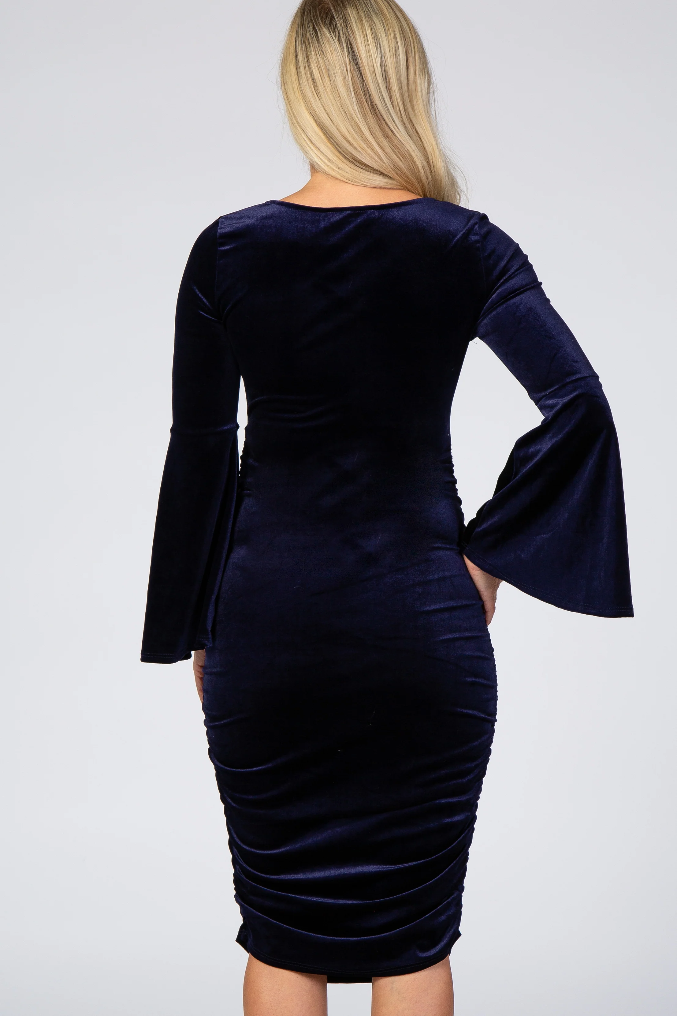 Navy Blue Velvet Ruched Bell Sleeve Maternity Dress - Image 4