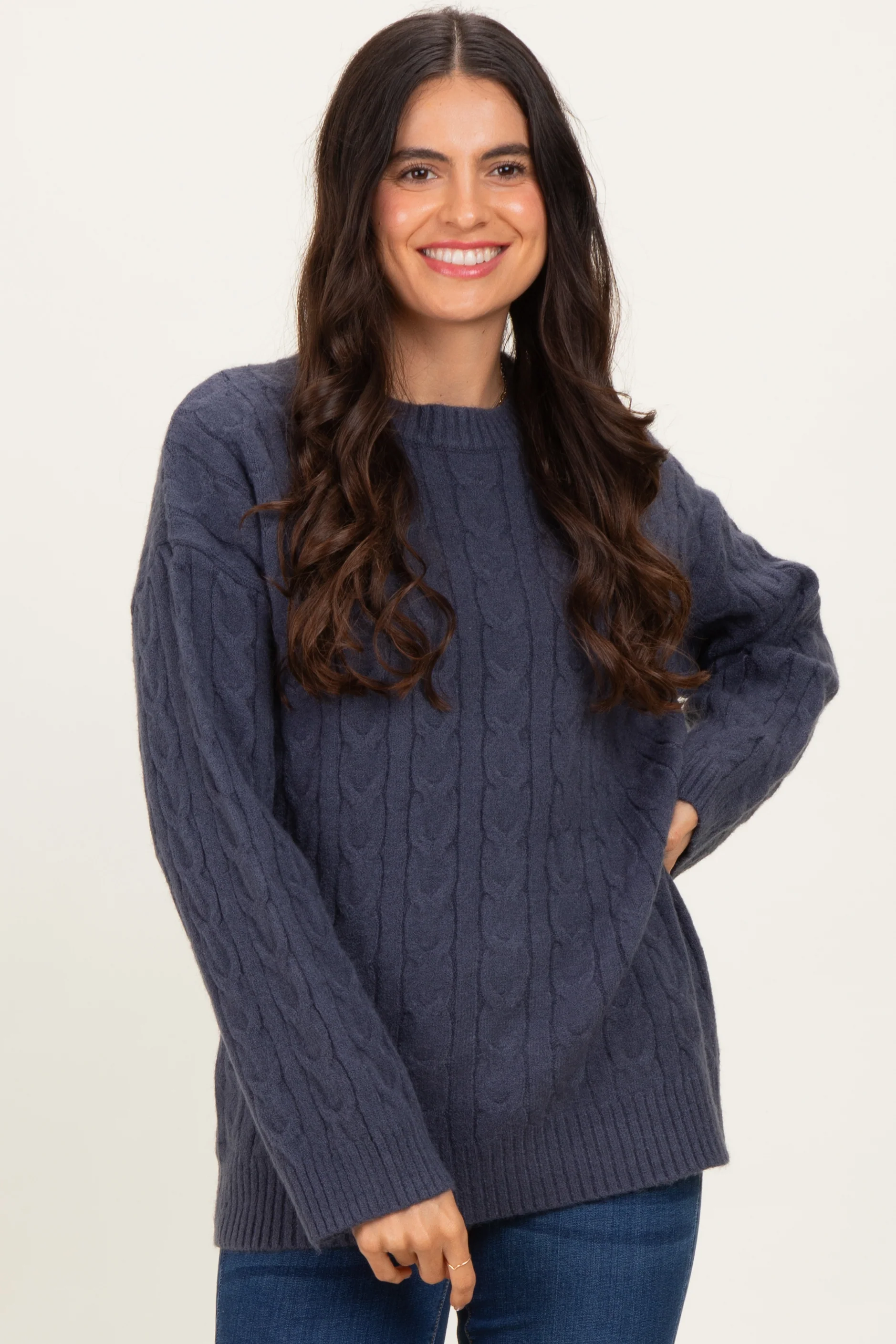 Navy Braid Knit Pattern Soft Fluffy Maternity Sweater Top - Image 5