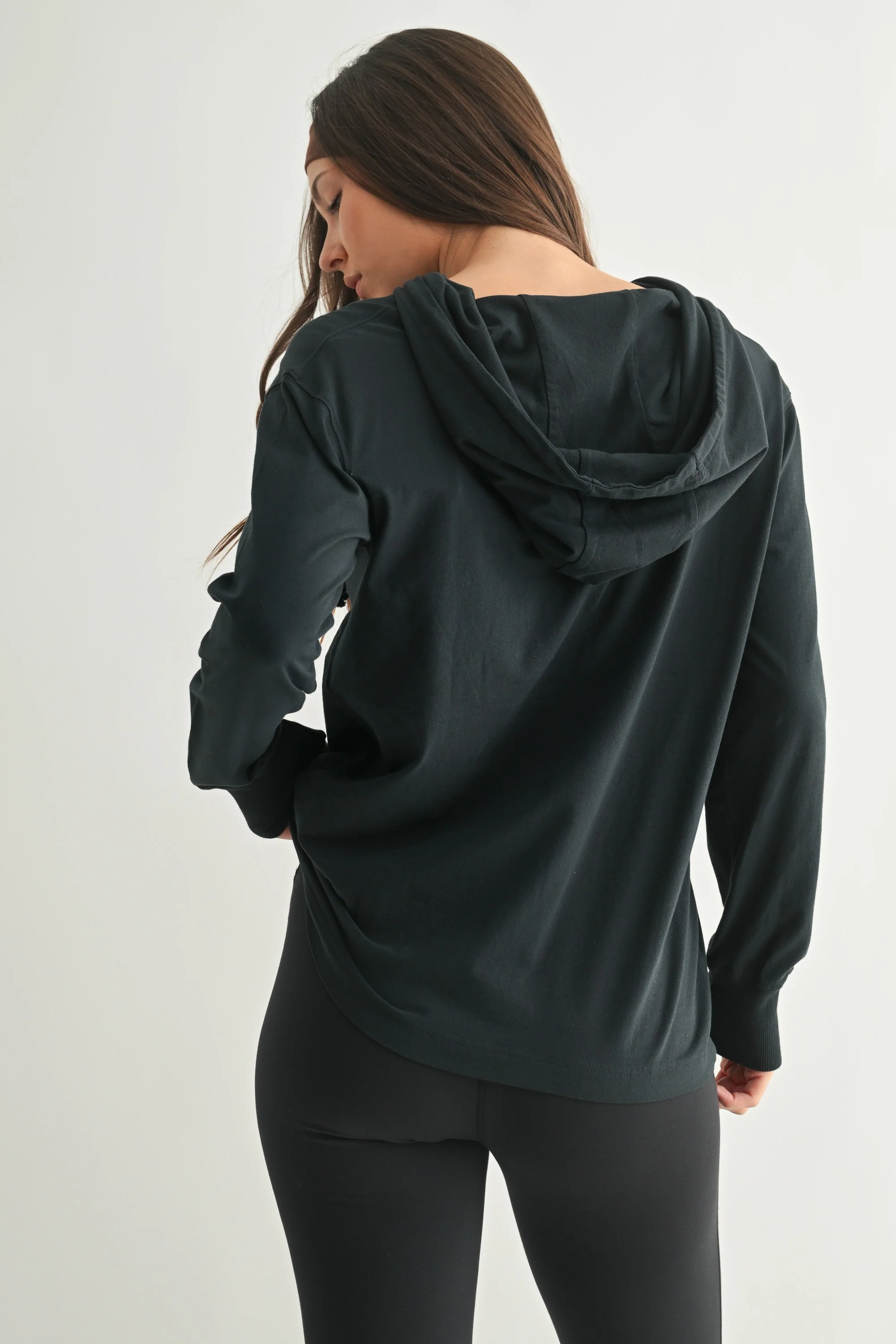 Navy Button Up Hooded Long Sleeve Top - Image 2