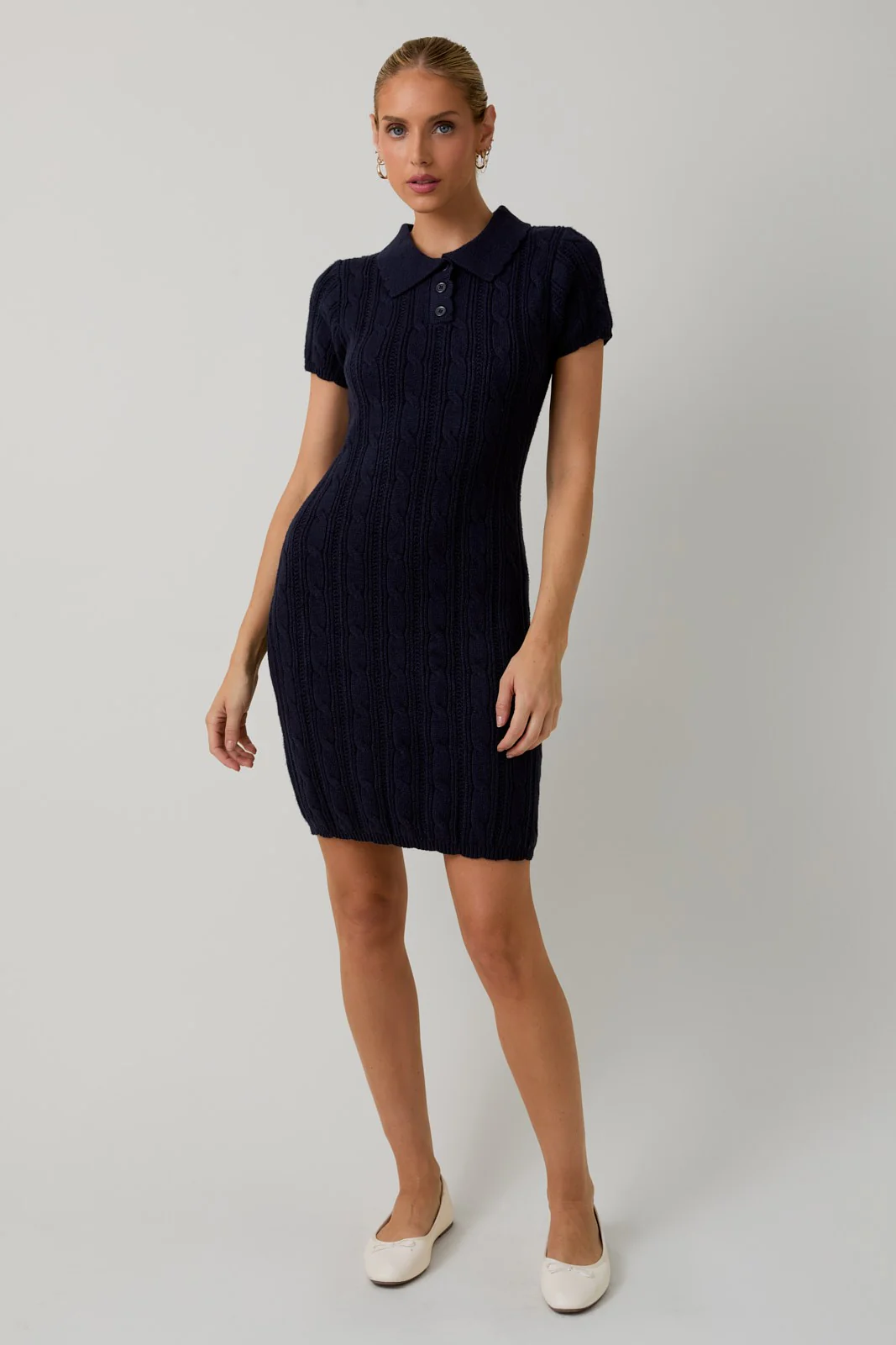 Navy Cable Knit Polo Sweater Dress - Image 4