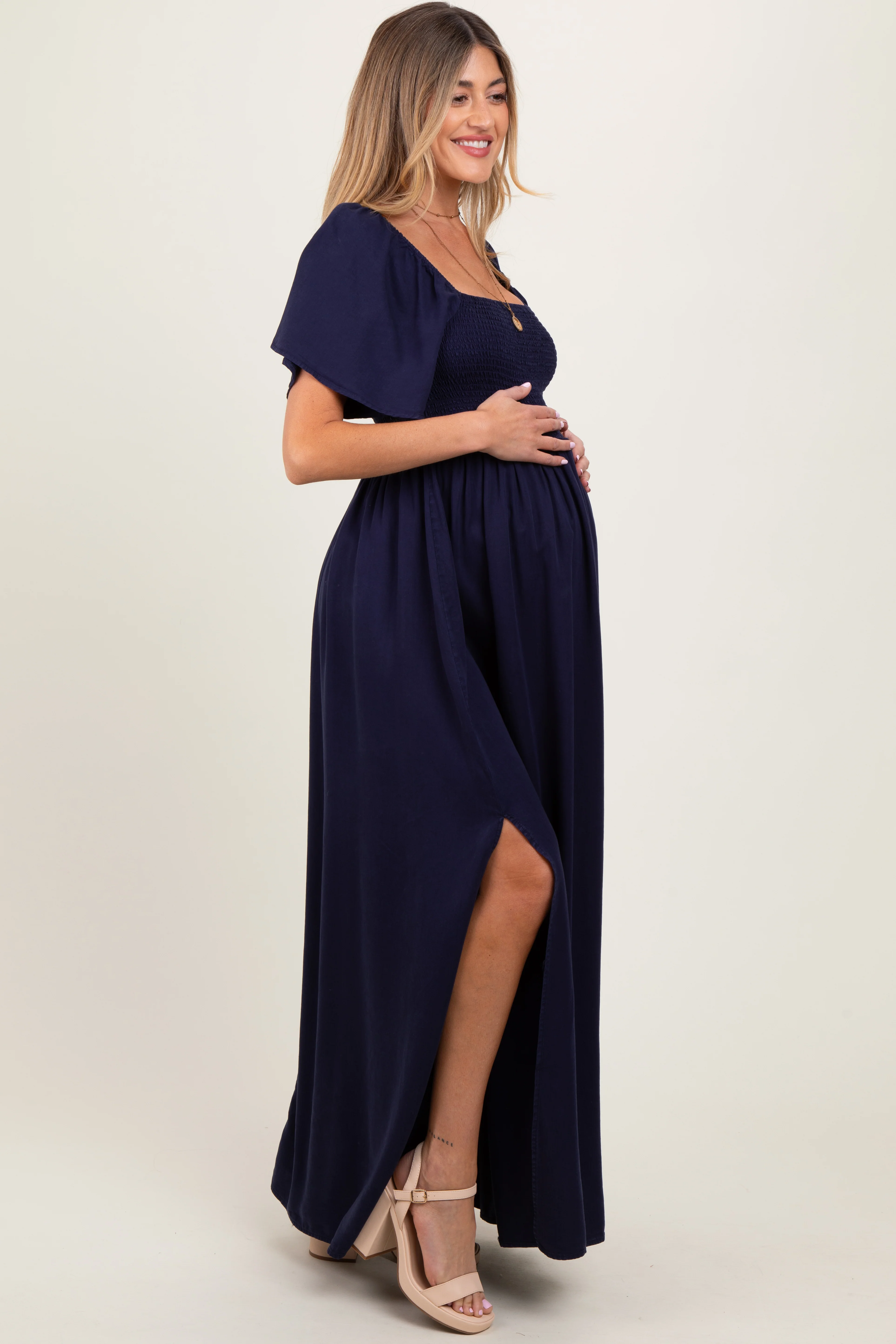 Navy Chambray Smocked Maternity Maxi Dress - Image 3