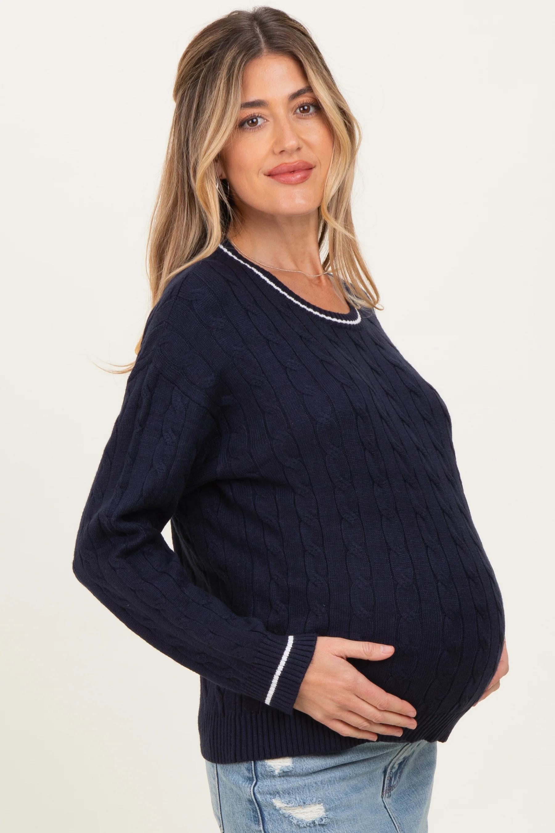 Navy Chunky Cable Knit Maternity Sweater - Image 3