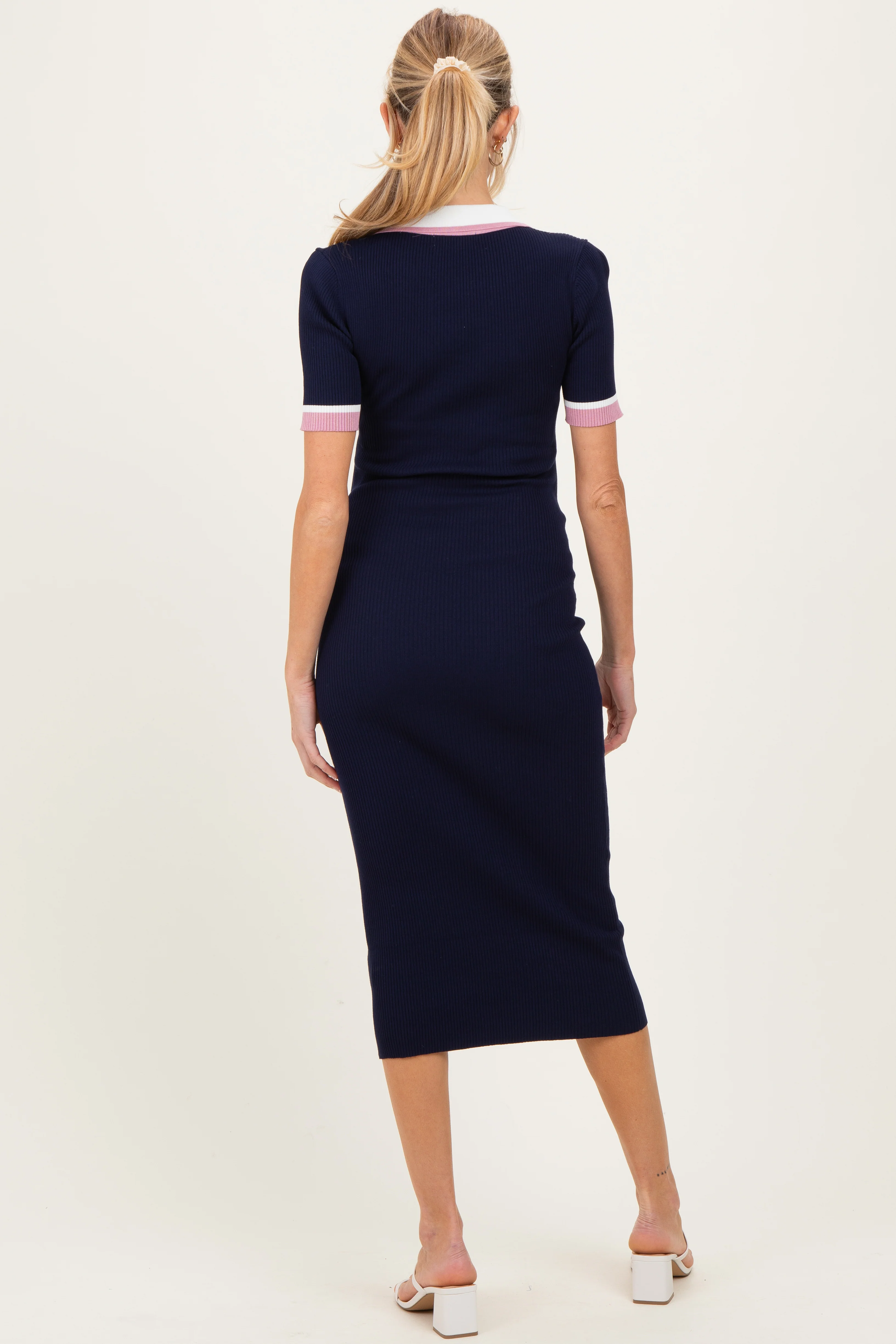 Navy Collared Colorblock Maternity Midi Dress - Image 4