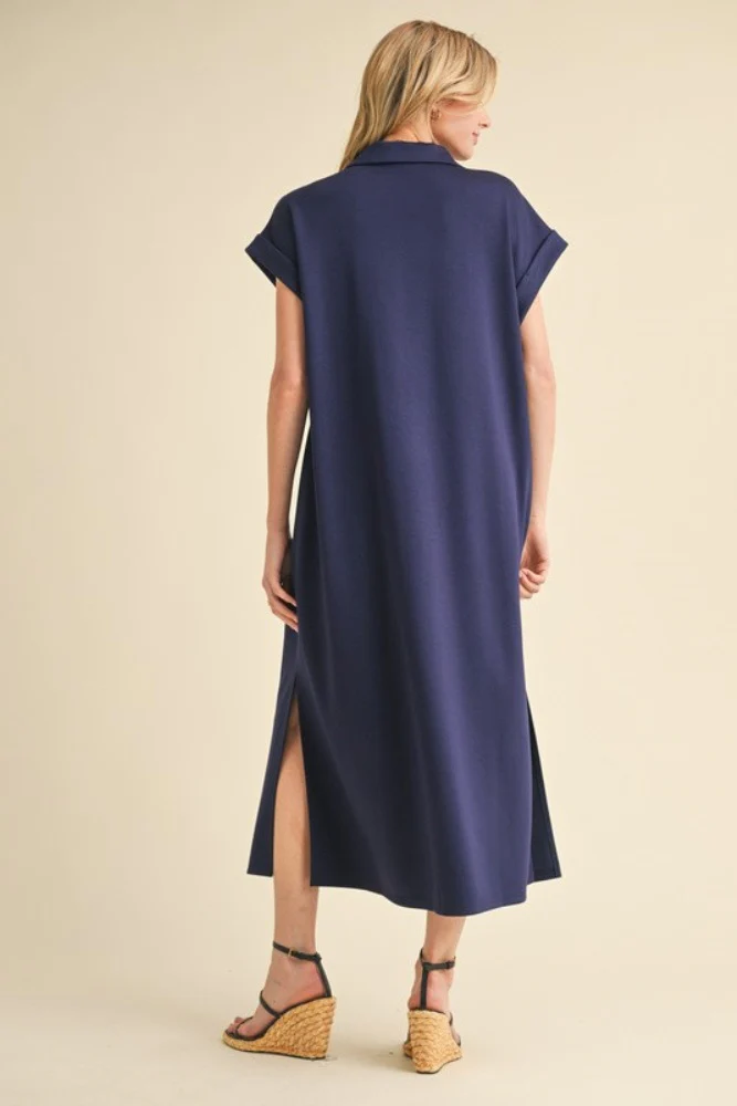 Navy Collared Oversized Midi Dress - Image 2
