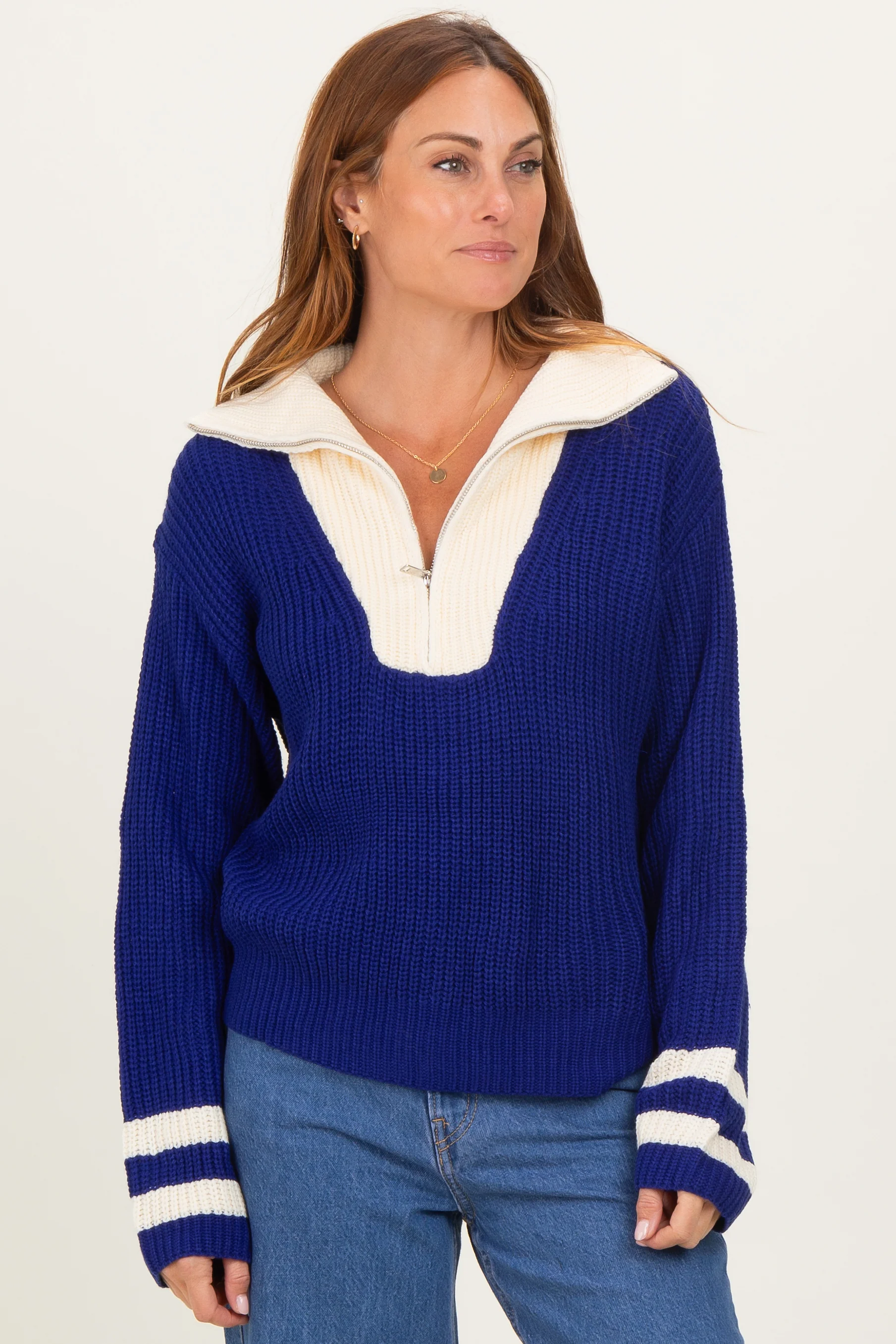 Navy Colorblock Chunky Knit Half Zip Maternity Sweater - Image 5