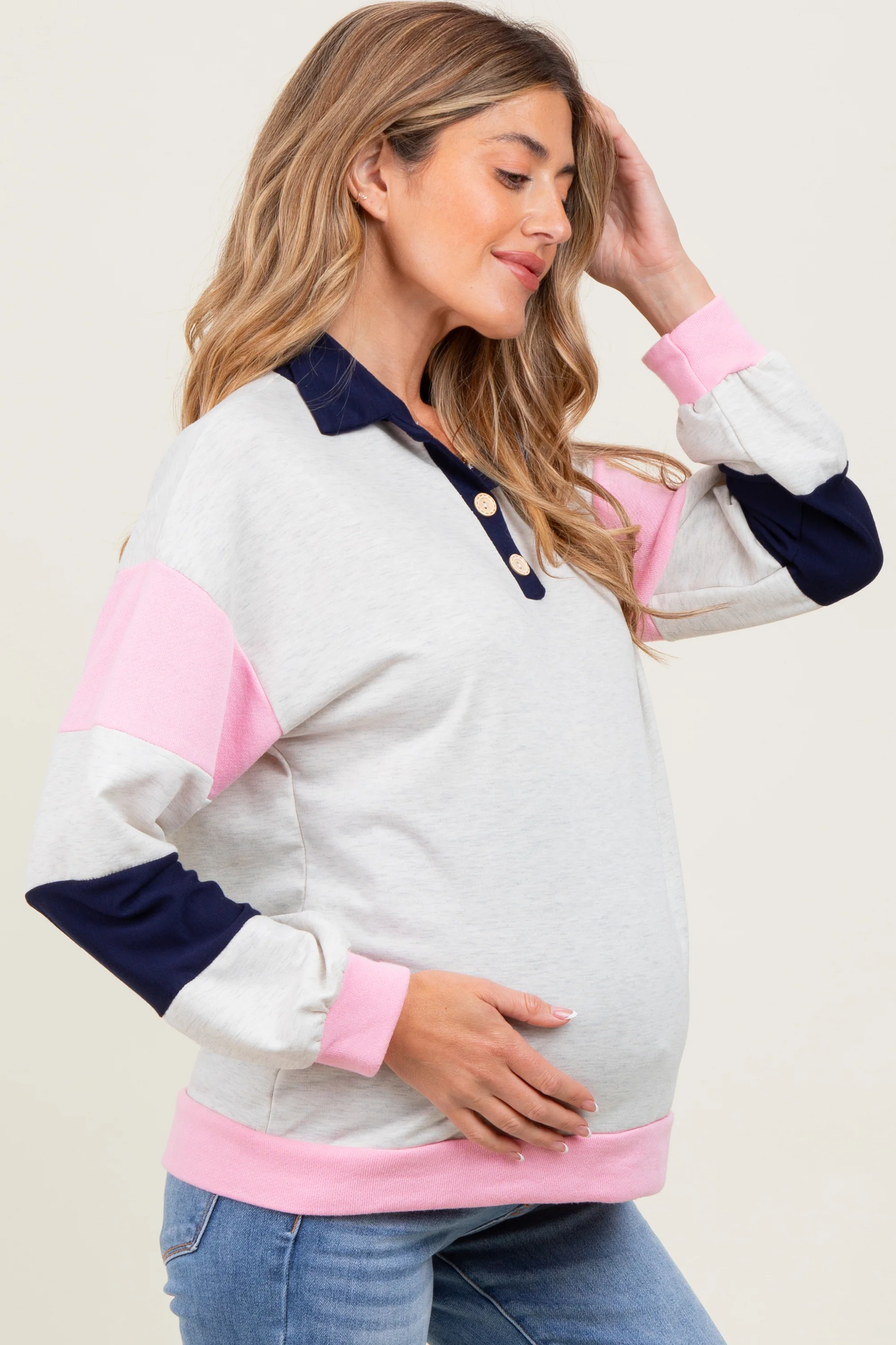 Navy Colorblock Collared Maternity Pullover - Image 3