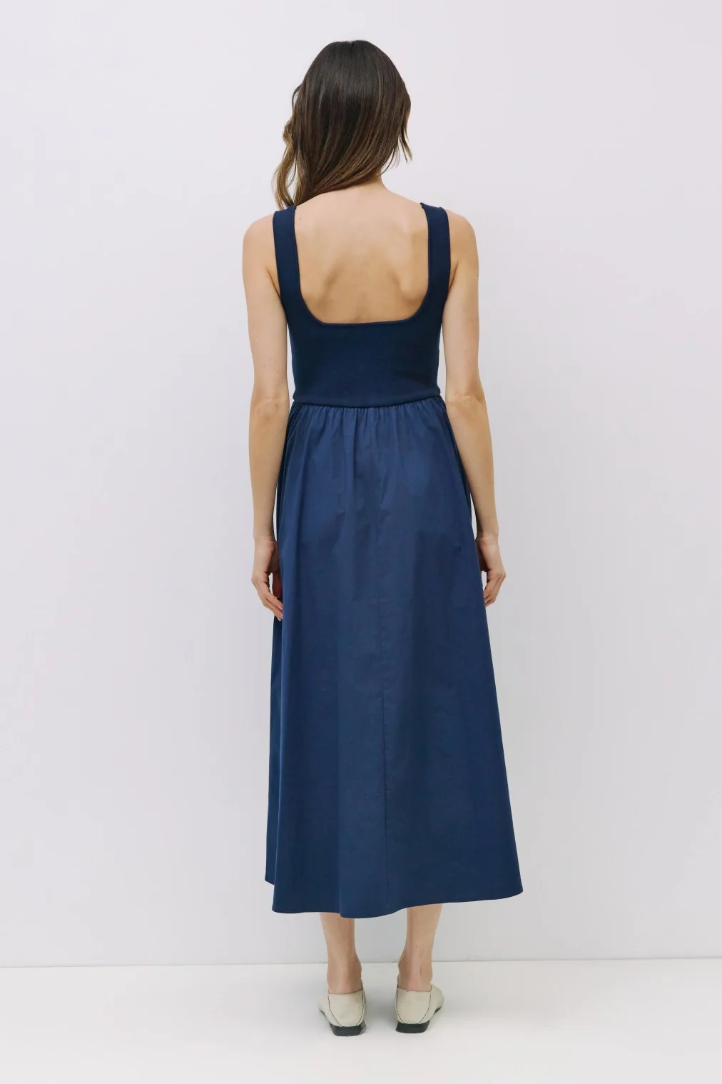 Navy Contrast Knit Poplin Sleeveless Midi Dress - Image 3
