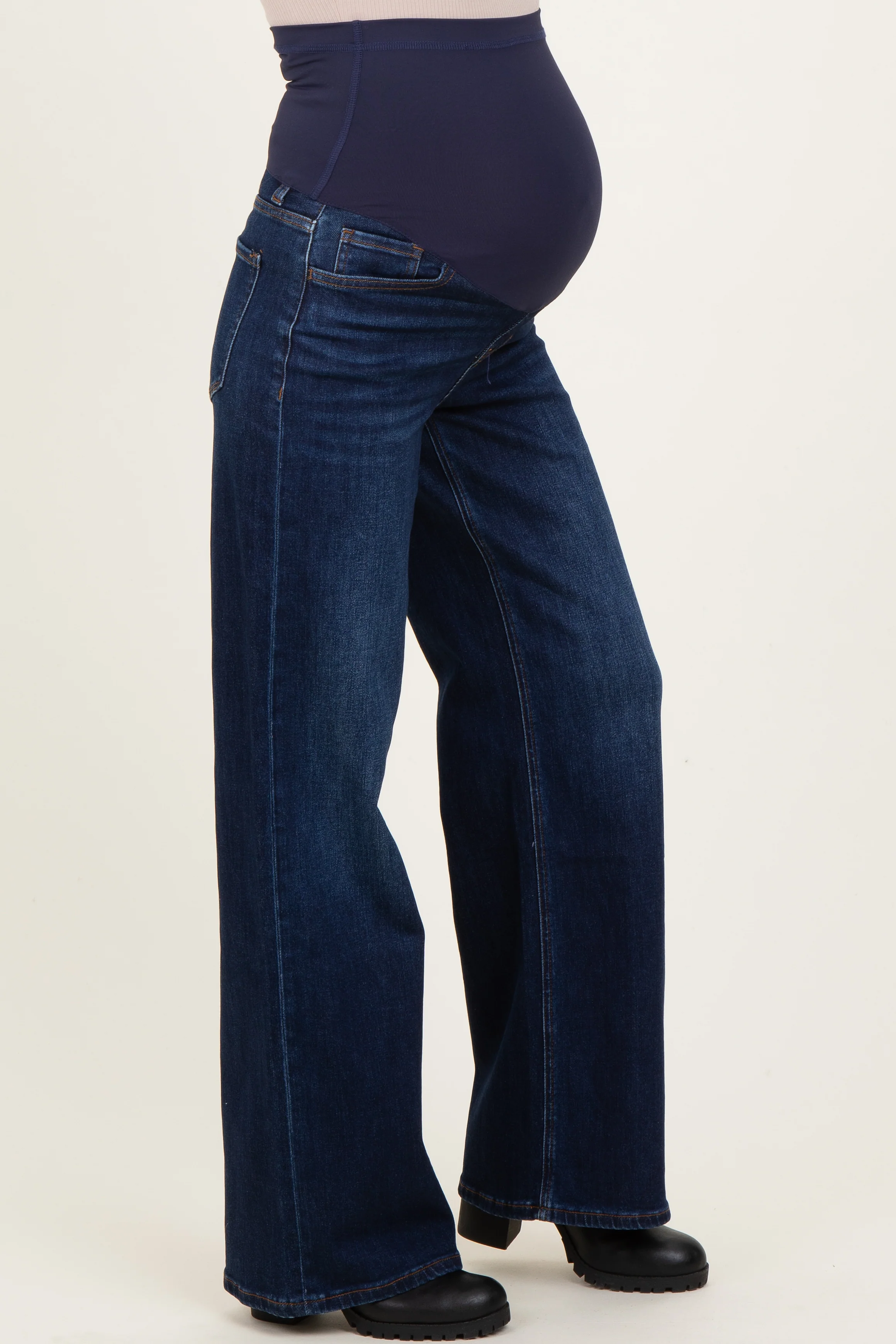 Navy Dark Wash Relaxed Wide Leg Maternity Jeans - Image 3