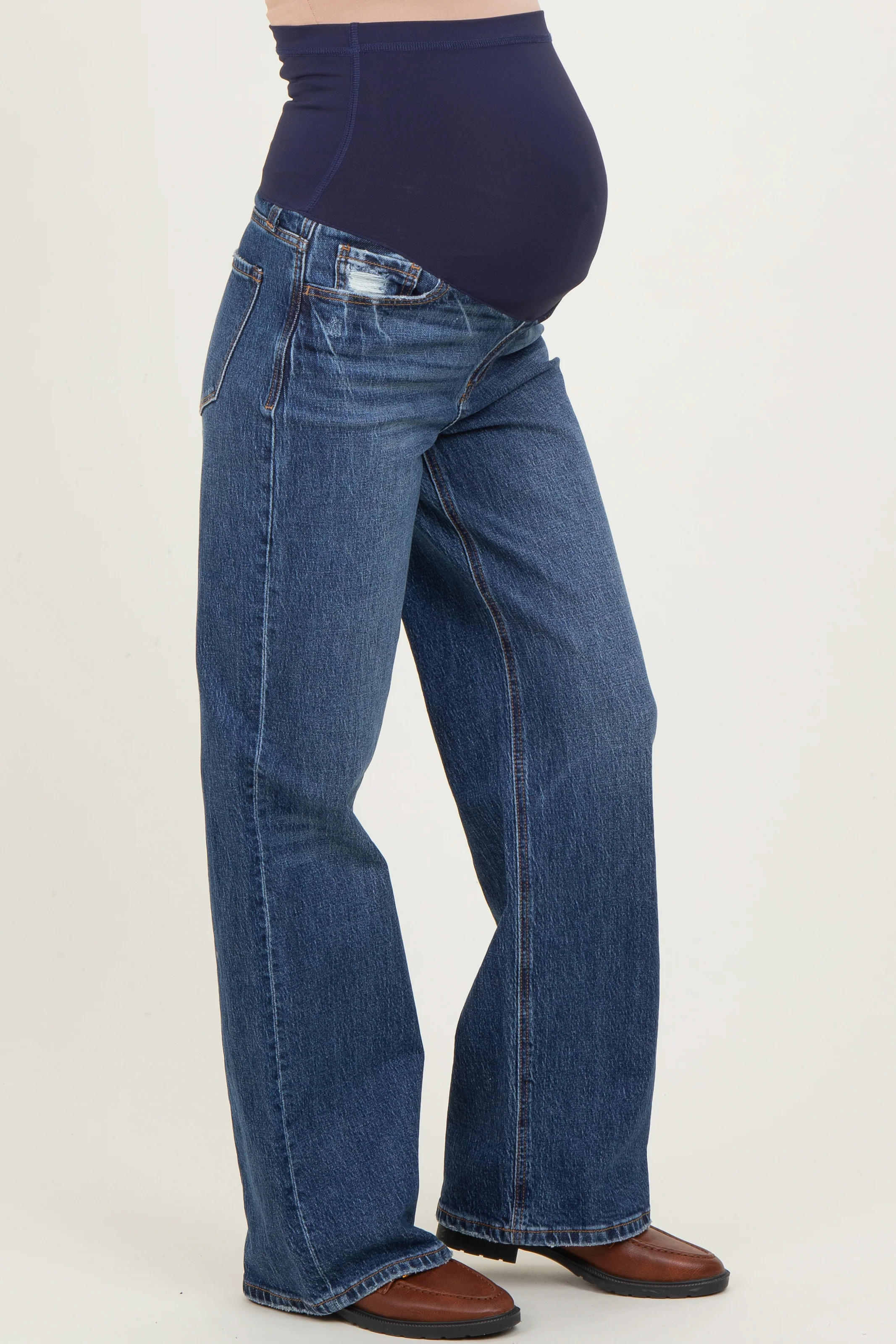 Navy Dark Wash Wide Leg Maternity Jeans - Image 4