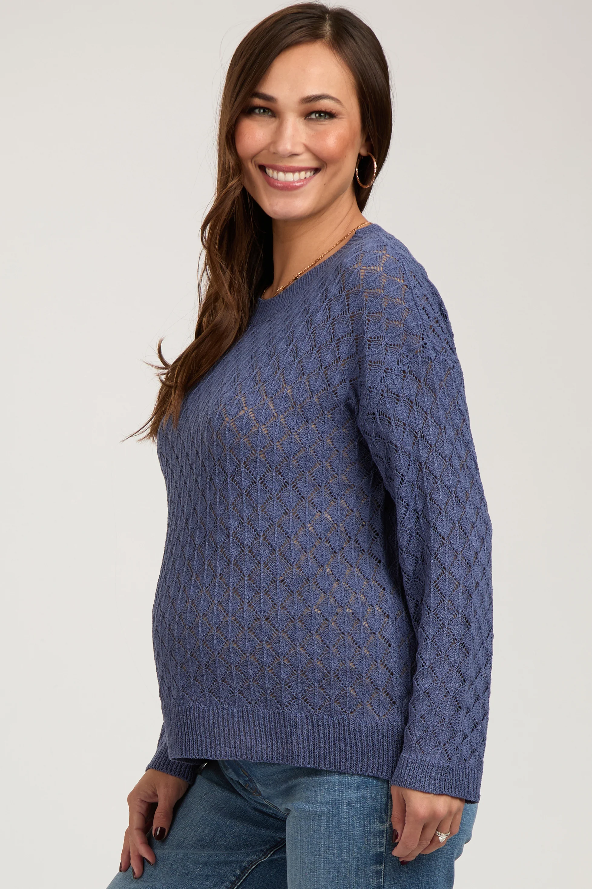 Navy Diamond Open Knit Maternity Top - Image 3