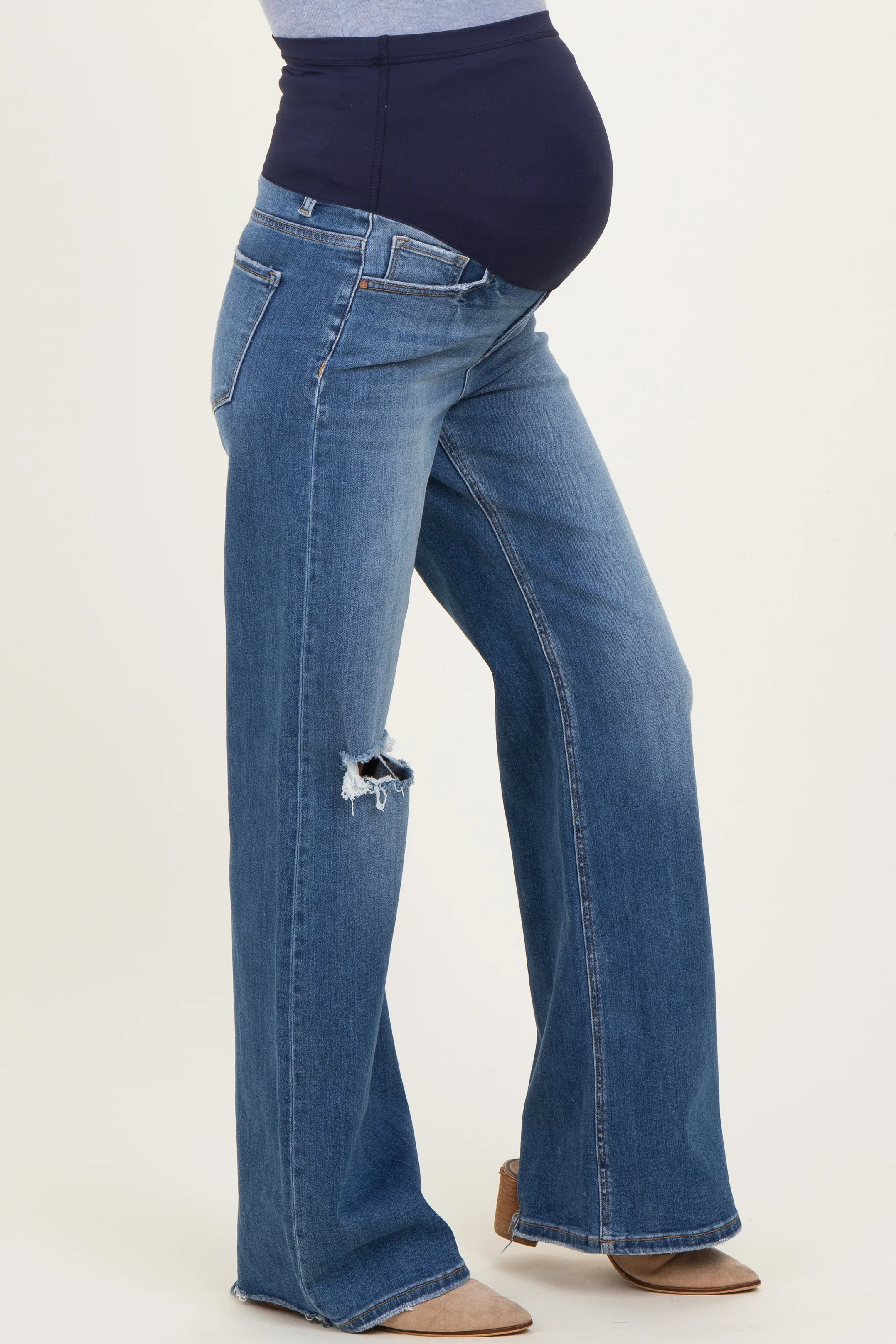 Navy Distressed Knee Wide Leg Maternity Jeans - Image 4