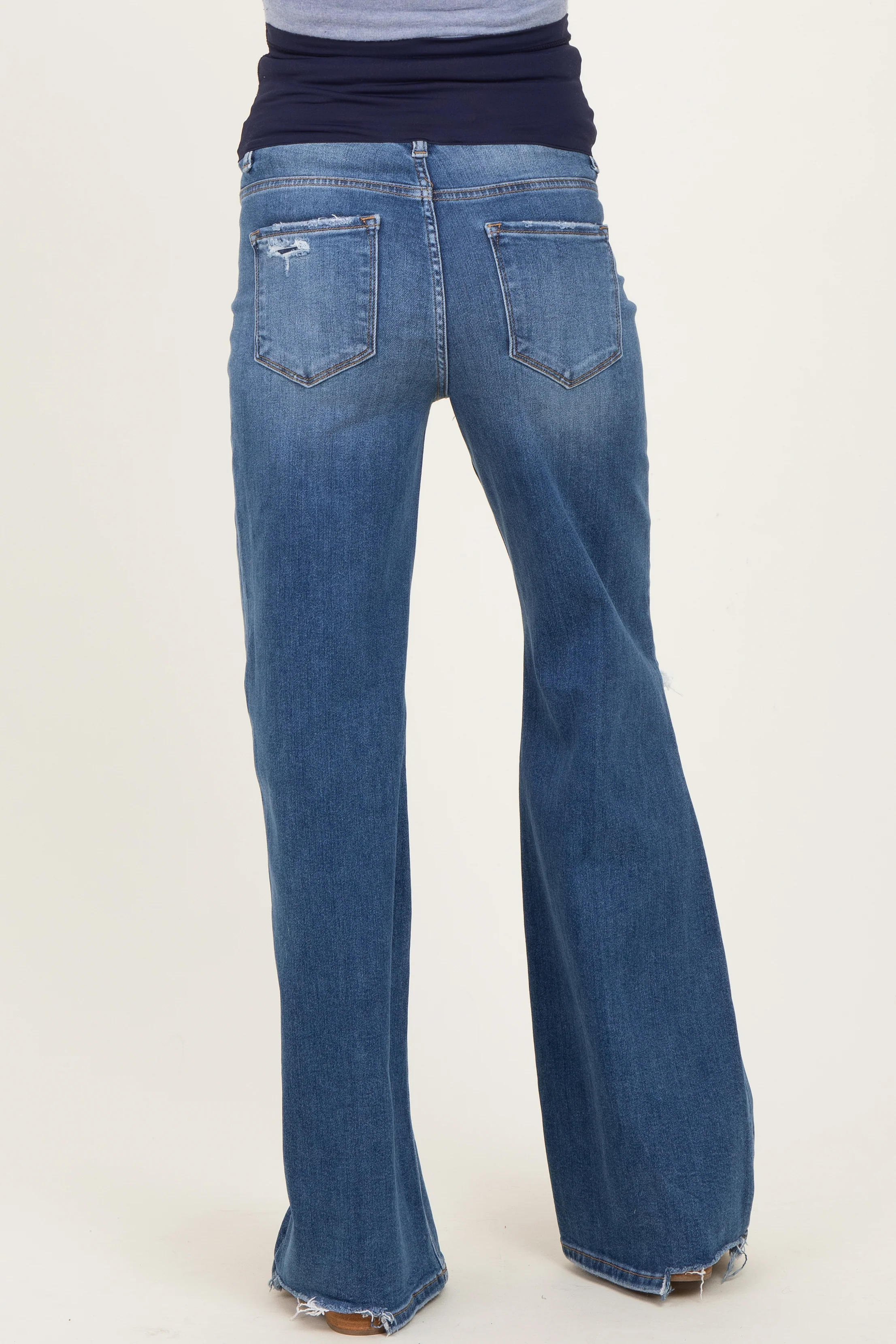 Navy Distressed Knee Wide Leg Maternity Jeans - Image 5