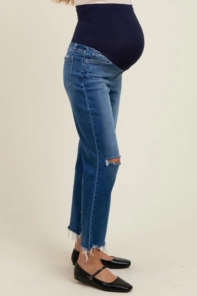 Navy Distressed Open Knee Cropped Straight Leg Maternity Jeans - Image 4