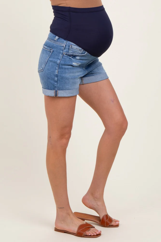 Navy Distressed Rolled Cuff Maternity Jean Shorts - Image 3