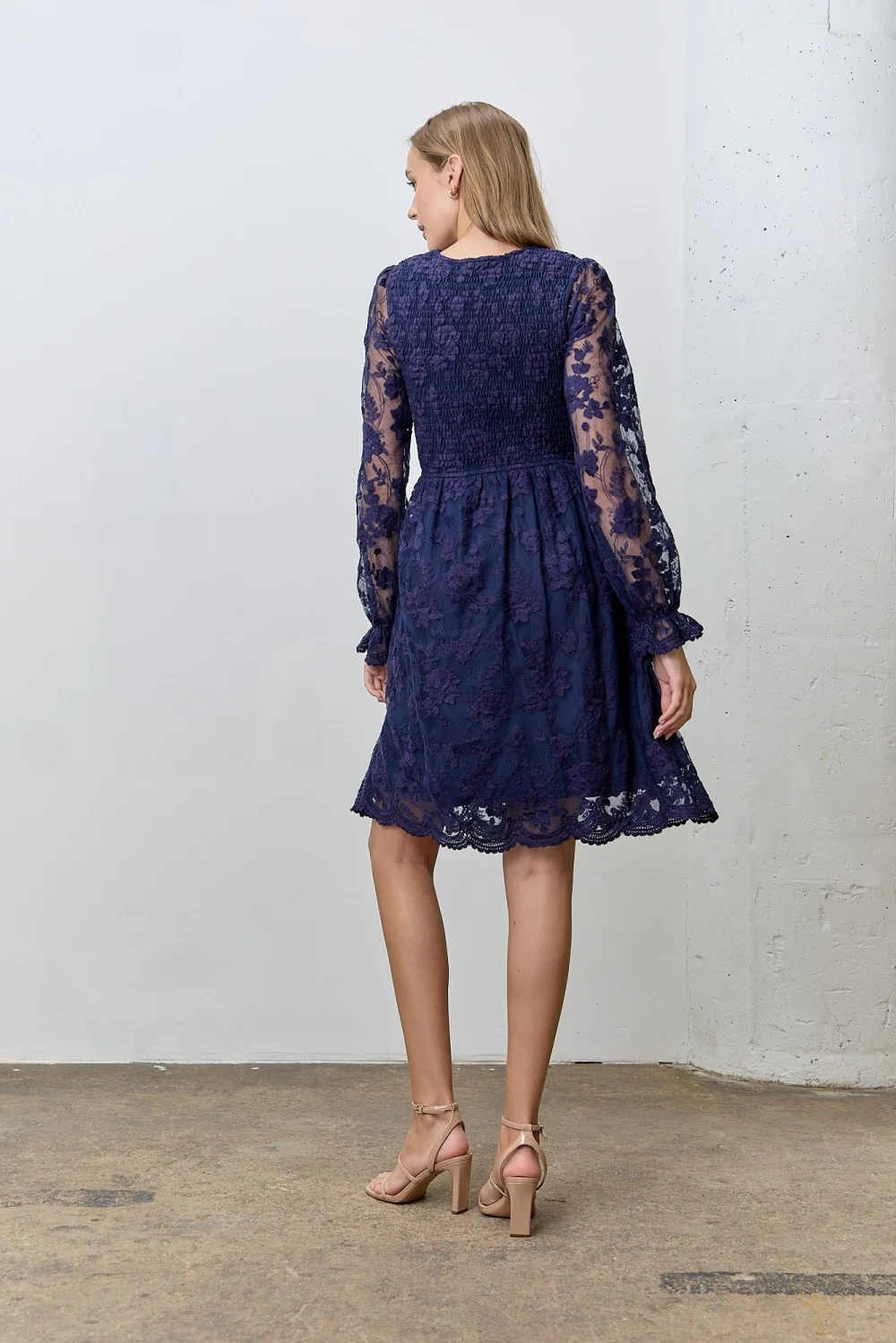 Navy Embroidered Lace Smocked Long Sleeve Dress - Image 3