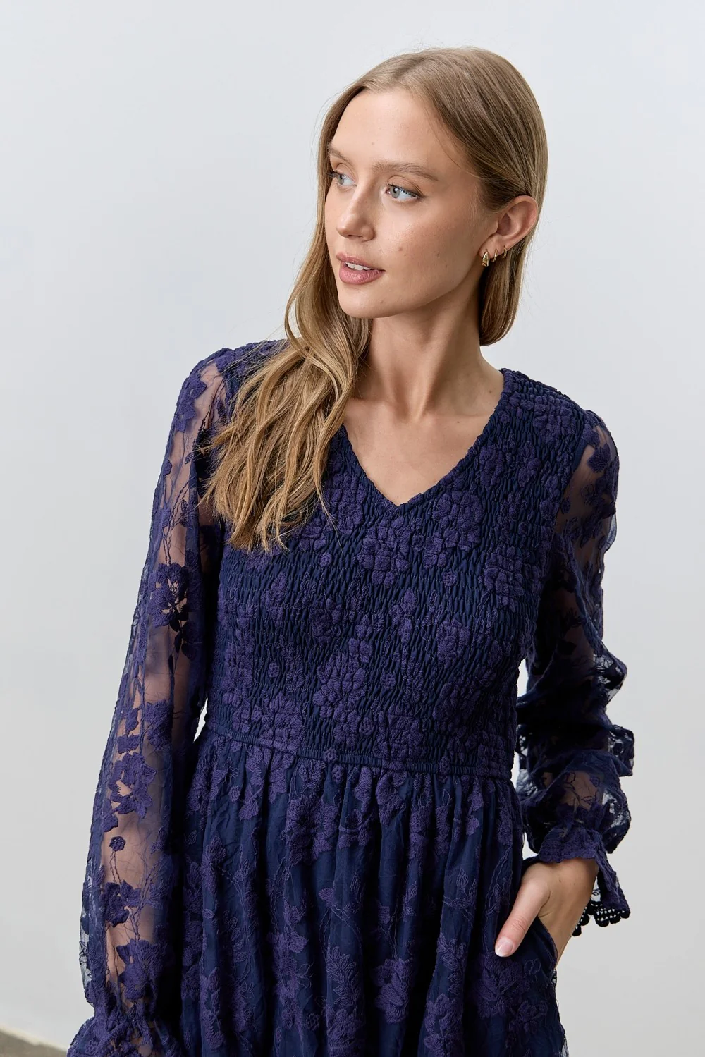 Navy Embroidered Lace Smocked Long Sleeve Dress - Image 4