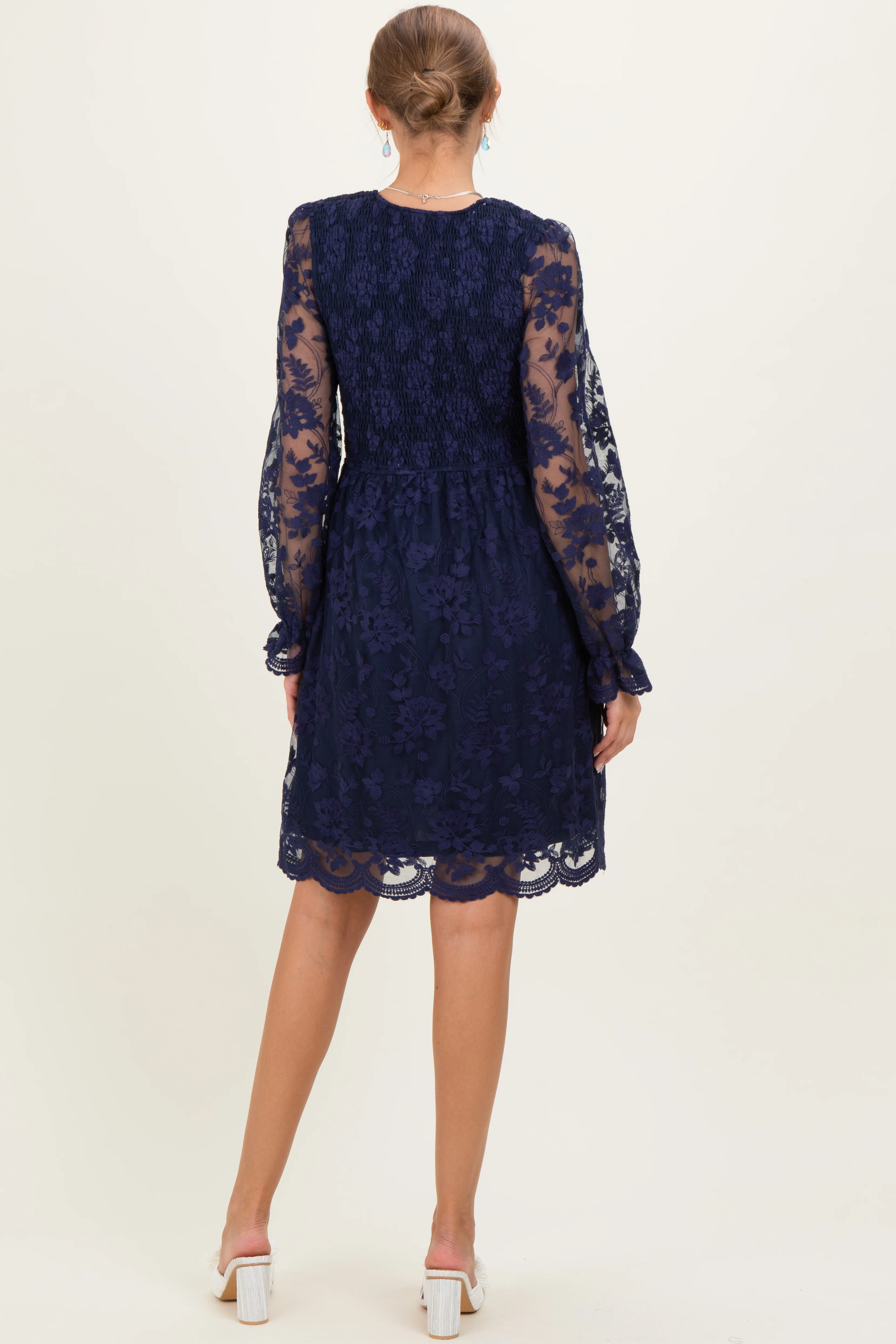 Navy Embroidered Lace Smocked Long Sleeve Maternity Dress - Image 4