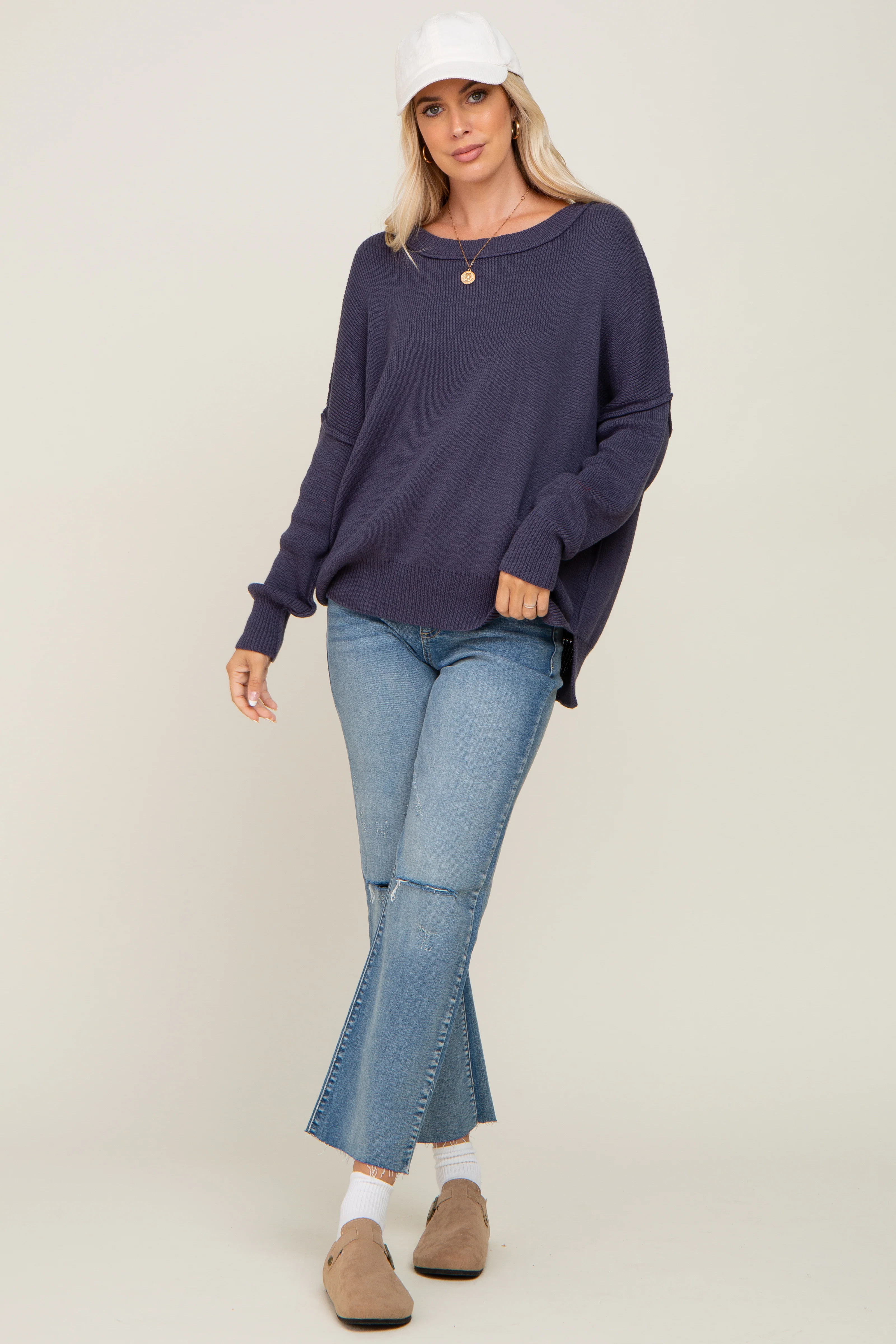 Navy Exposed Seam Side Slit Sweater - Image 6