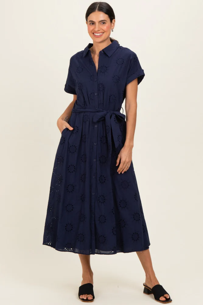 Navy Eyelet Lace Waist Tie Shirt Dress