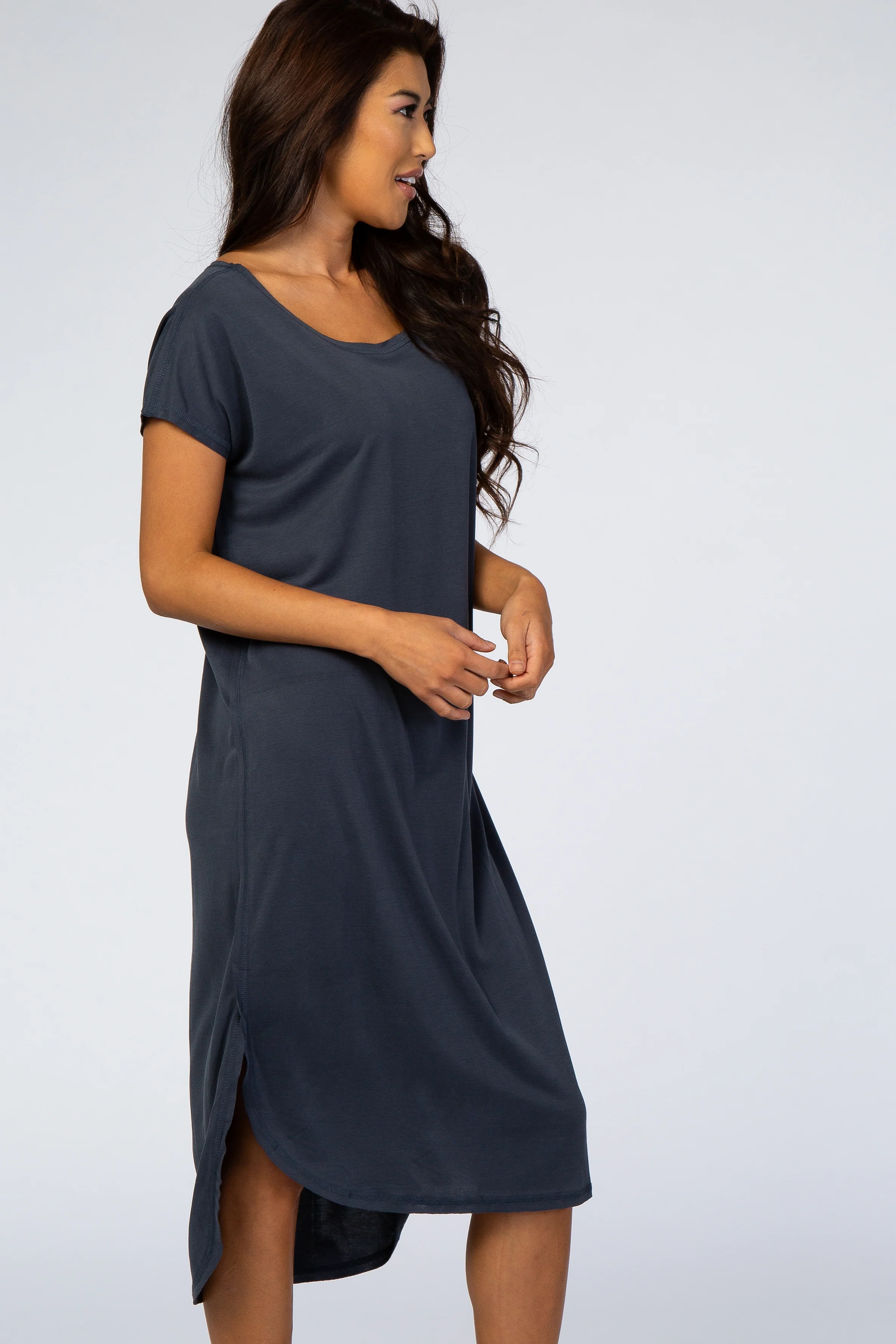 Navy Faded Curved Hem Midi Dress - Image 3