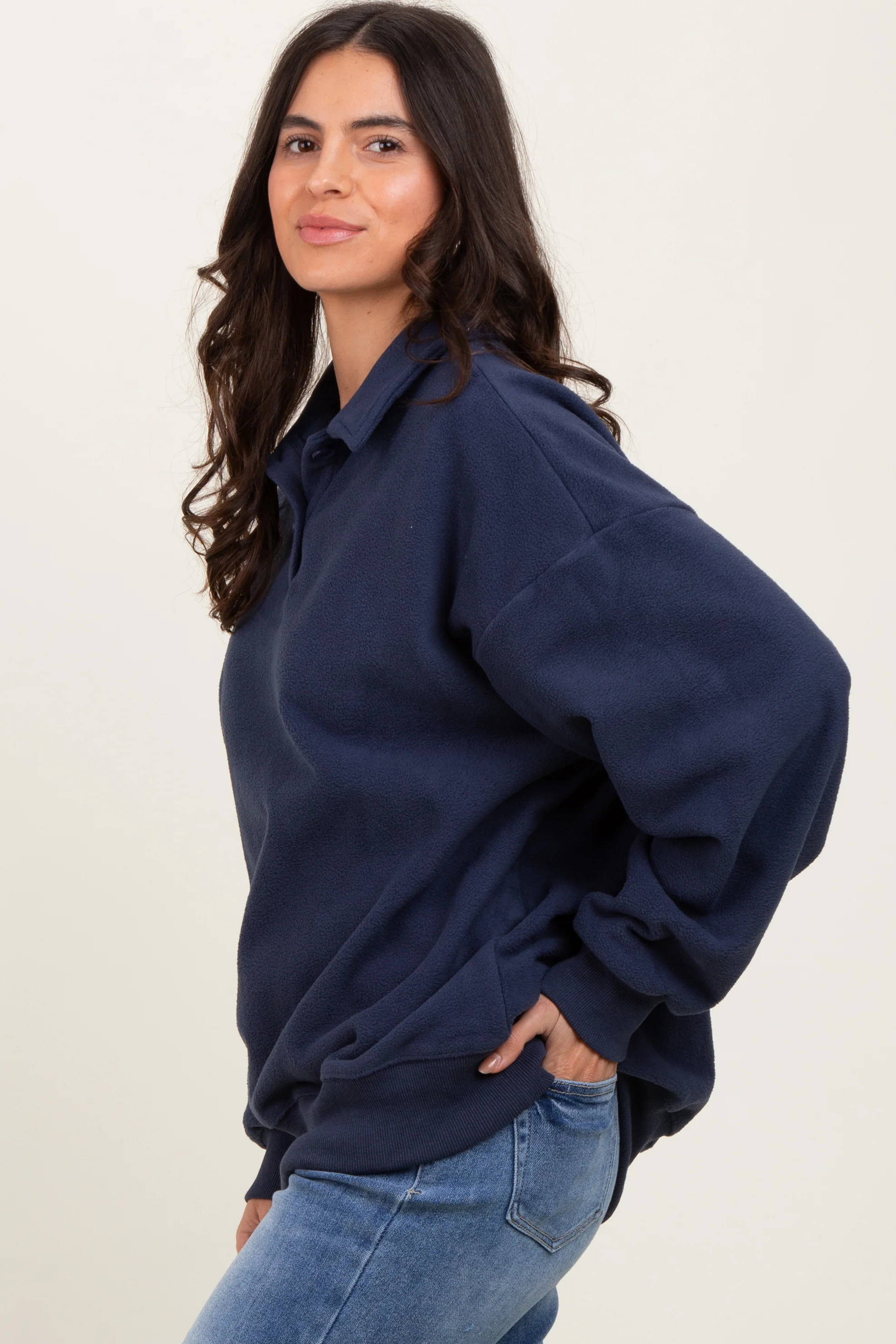 Navy Fleece Collared Button Up Pullover - Image 3