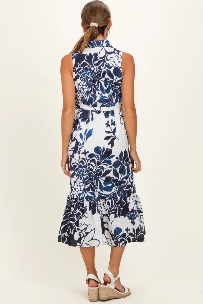 Navy Floral Belted Sleeveless Maternity Shirt Dress - Image 3