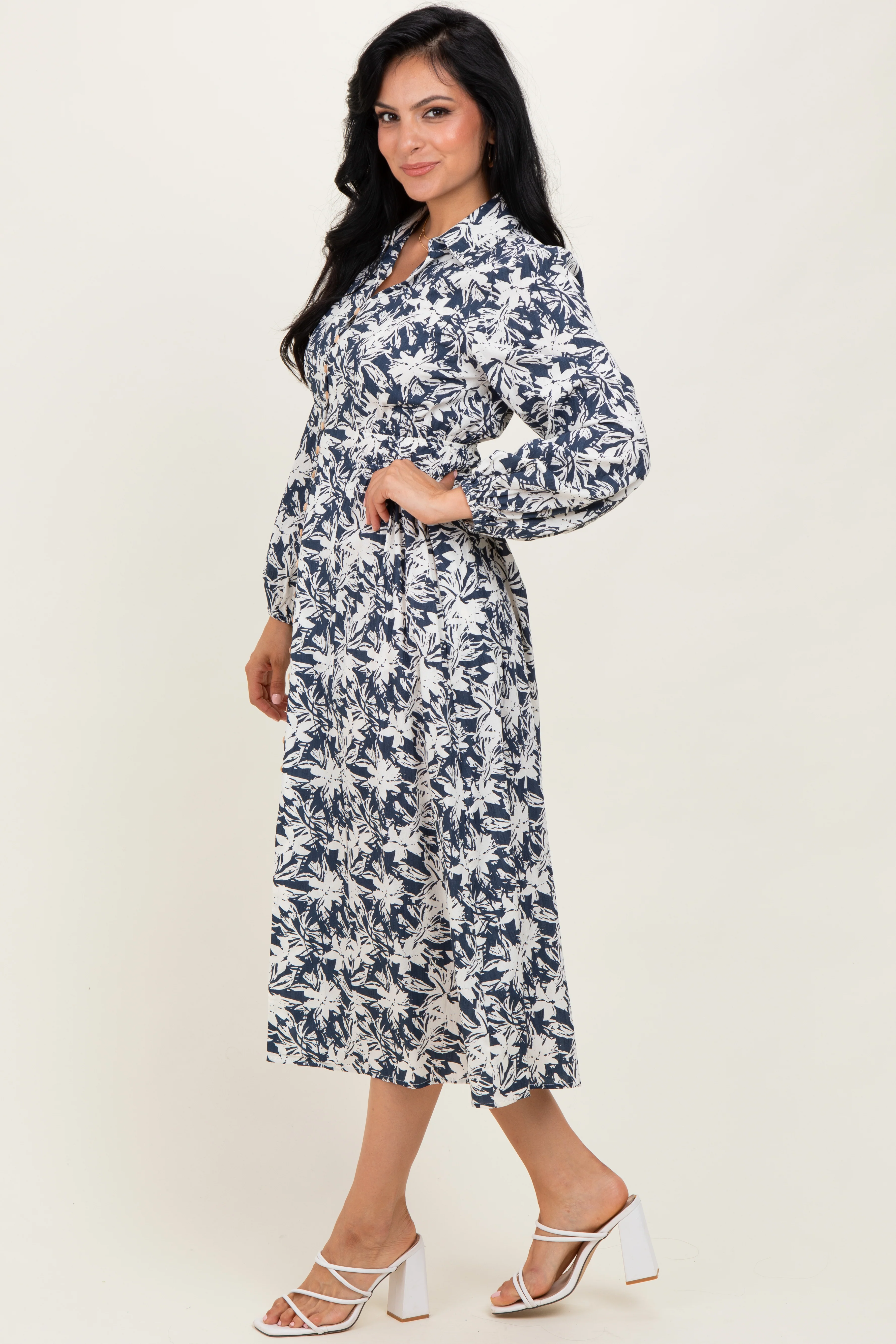 Navy Floral Button Down Long Sleeve Midi Dress - Image 3