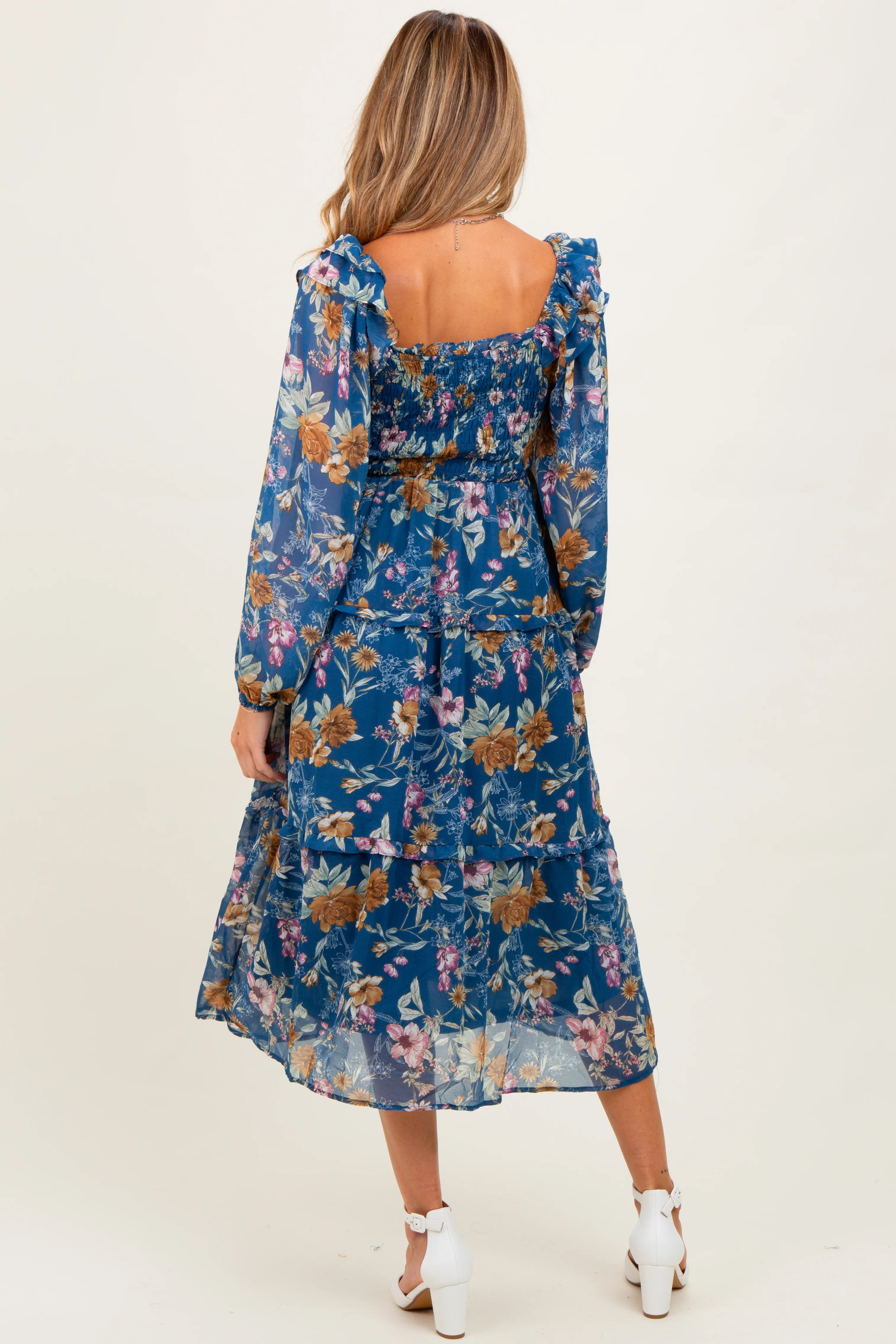 Navy Floral Chiffon Smocked Ruffle Tiered Maternity Midi Dress - Image 4