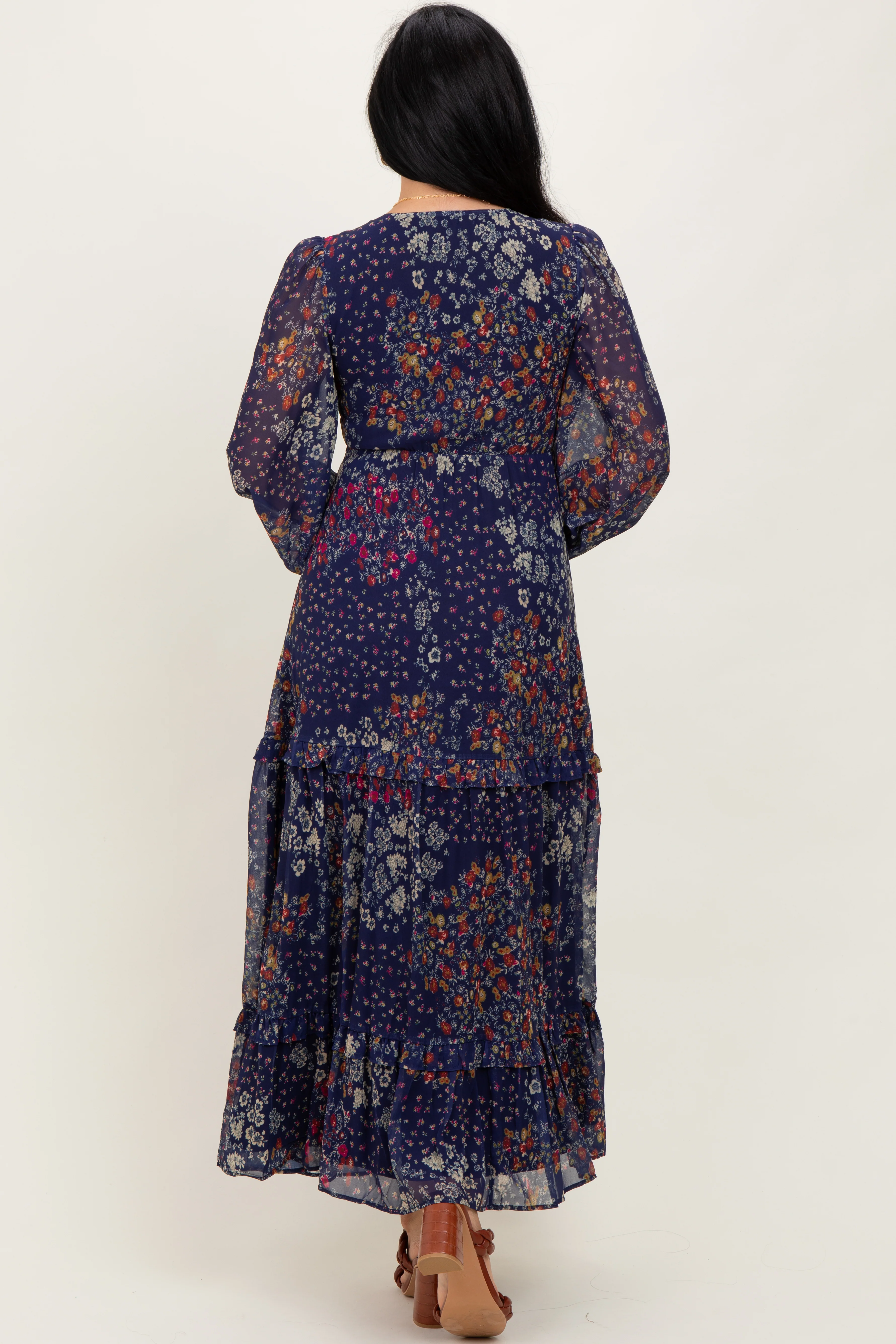 Navy Floral Chiffon V-Neck Long Sleeve Maxi Dress - Image 4