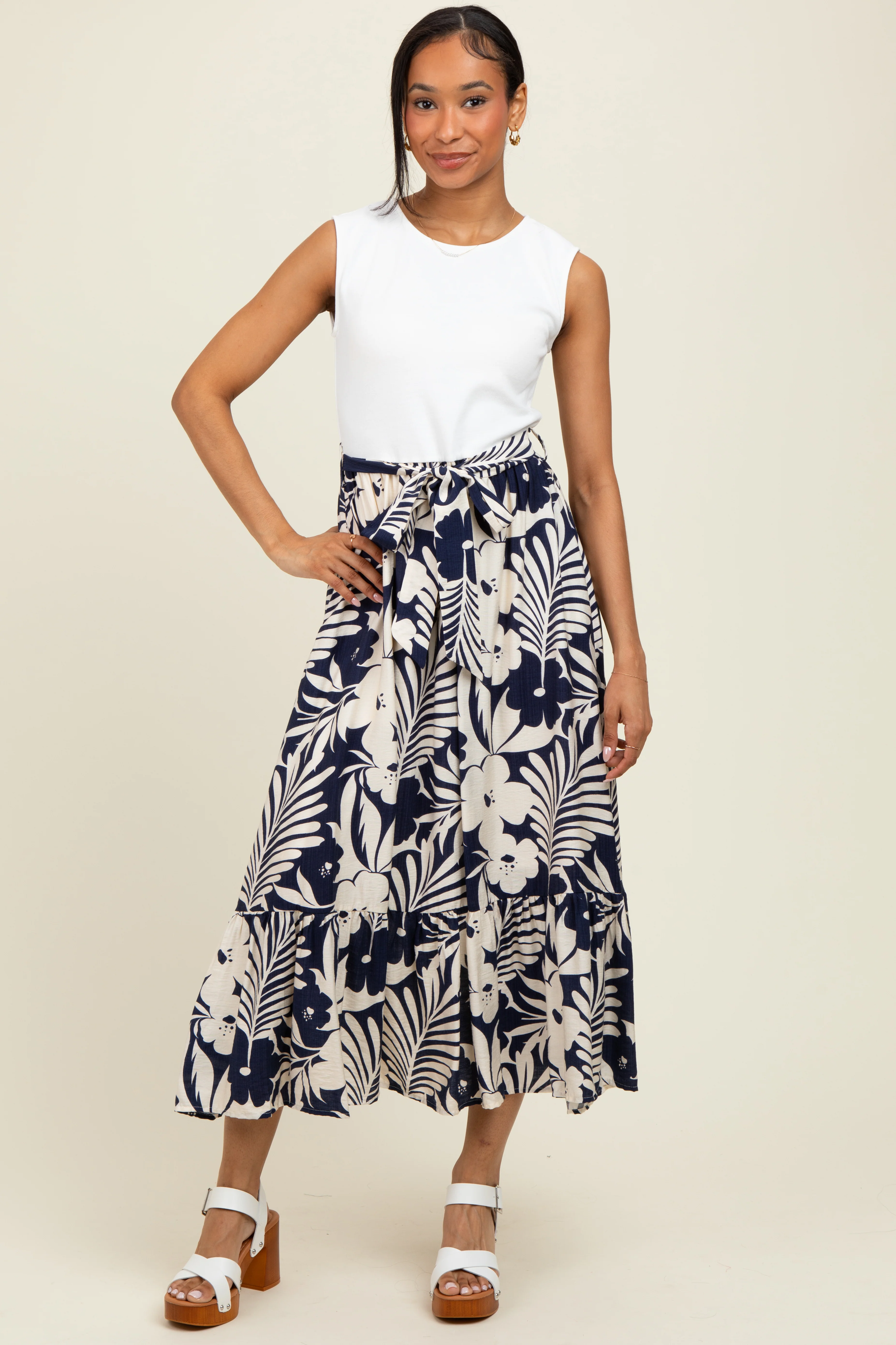 Navy Floral Contrast Top Sash Tie Sleeveless Maternity Midi Dress - Image 4