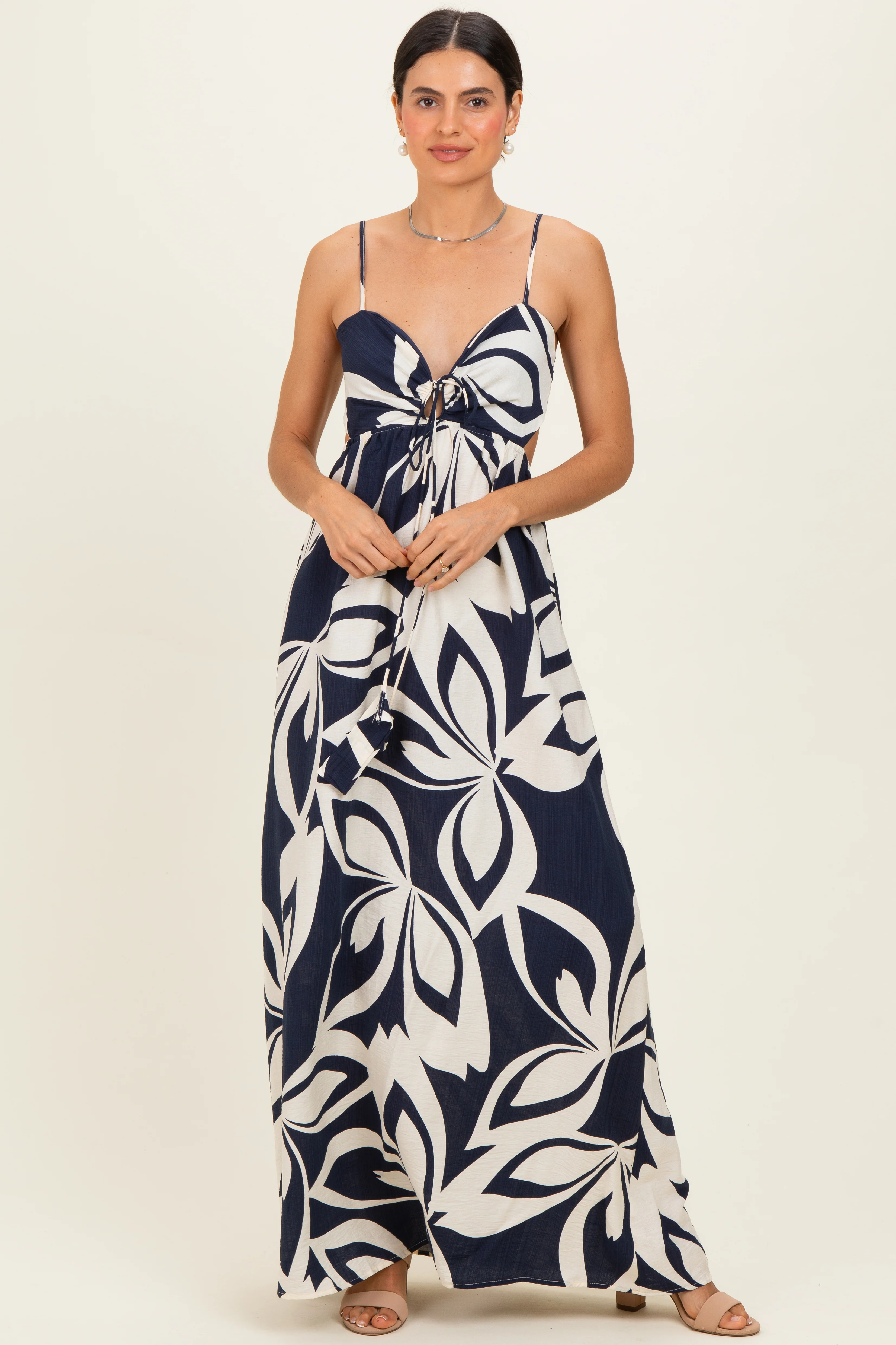 Navy Floral Cutout Halter Maternity Maxi Dress - Image 4