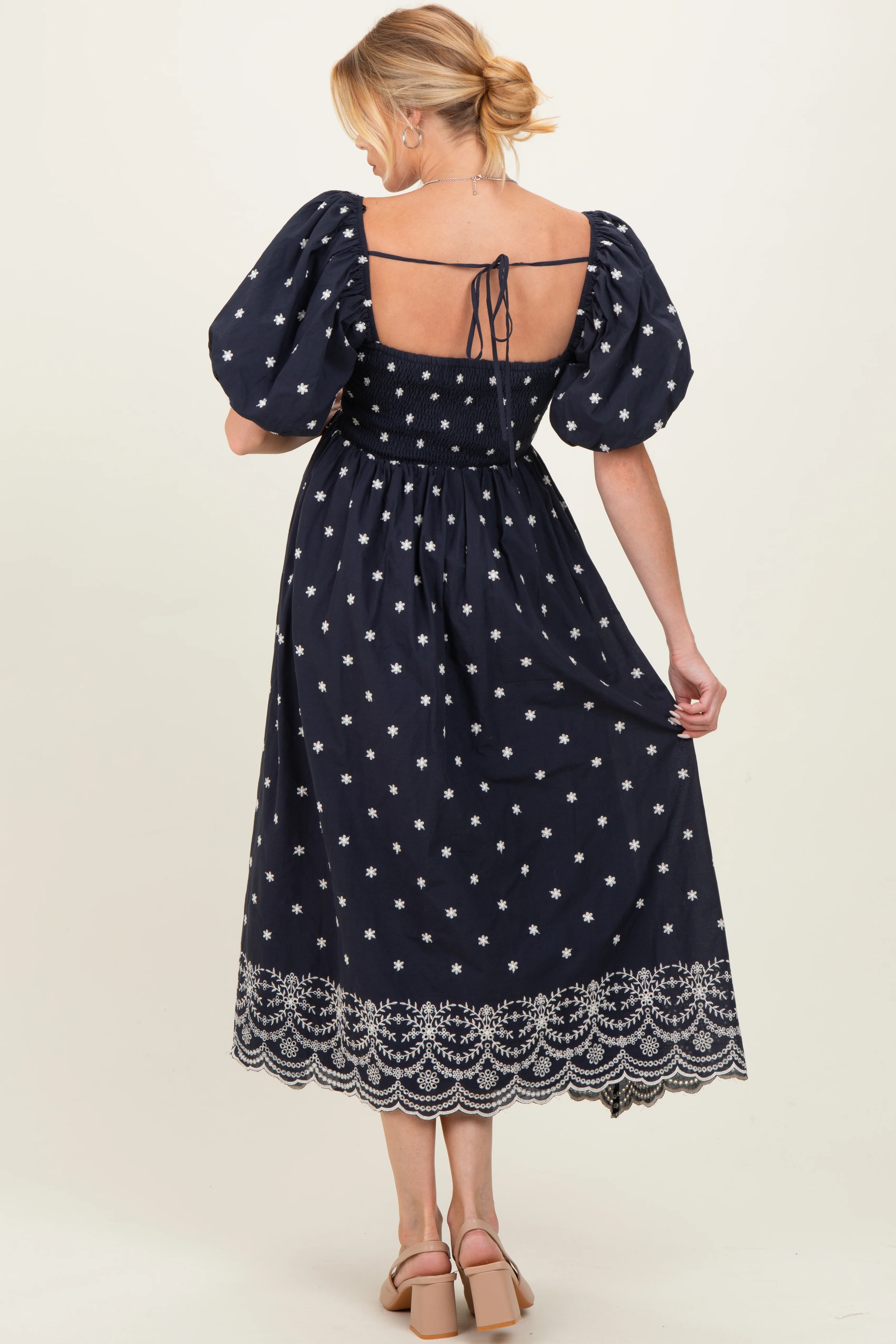 Navy Floral Embroidery Puff Sleeve Maternity Midi Dress - Image 3