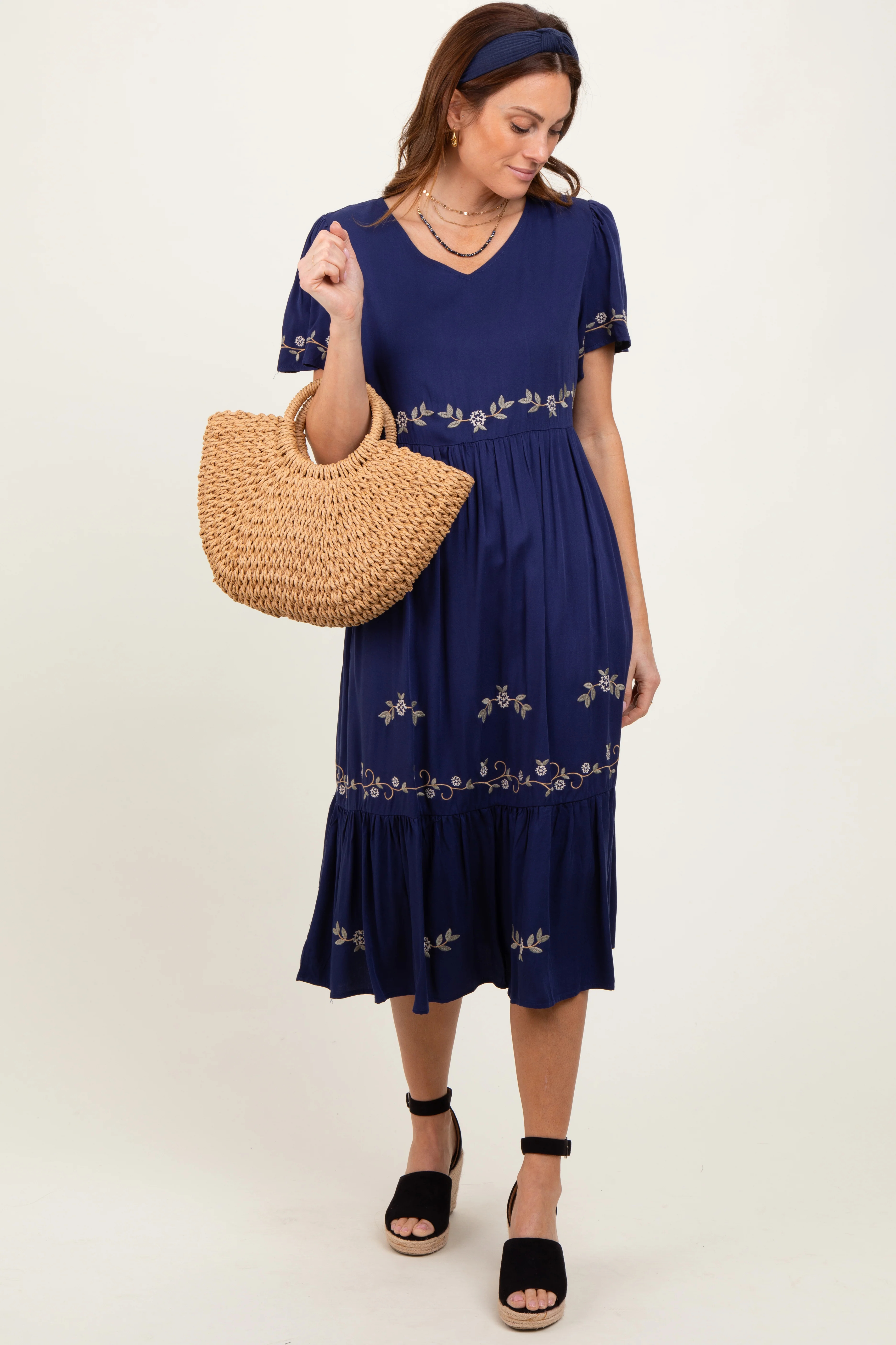 Navy Floral Lace Maternity Midi Dress - Image 5