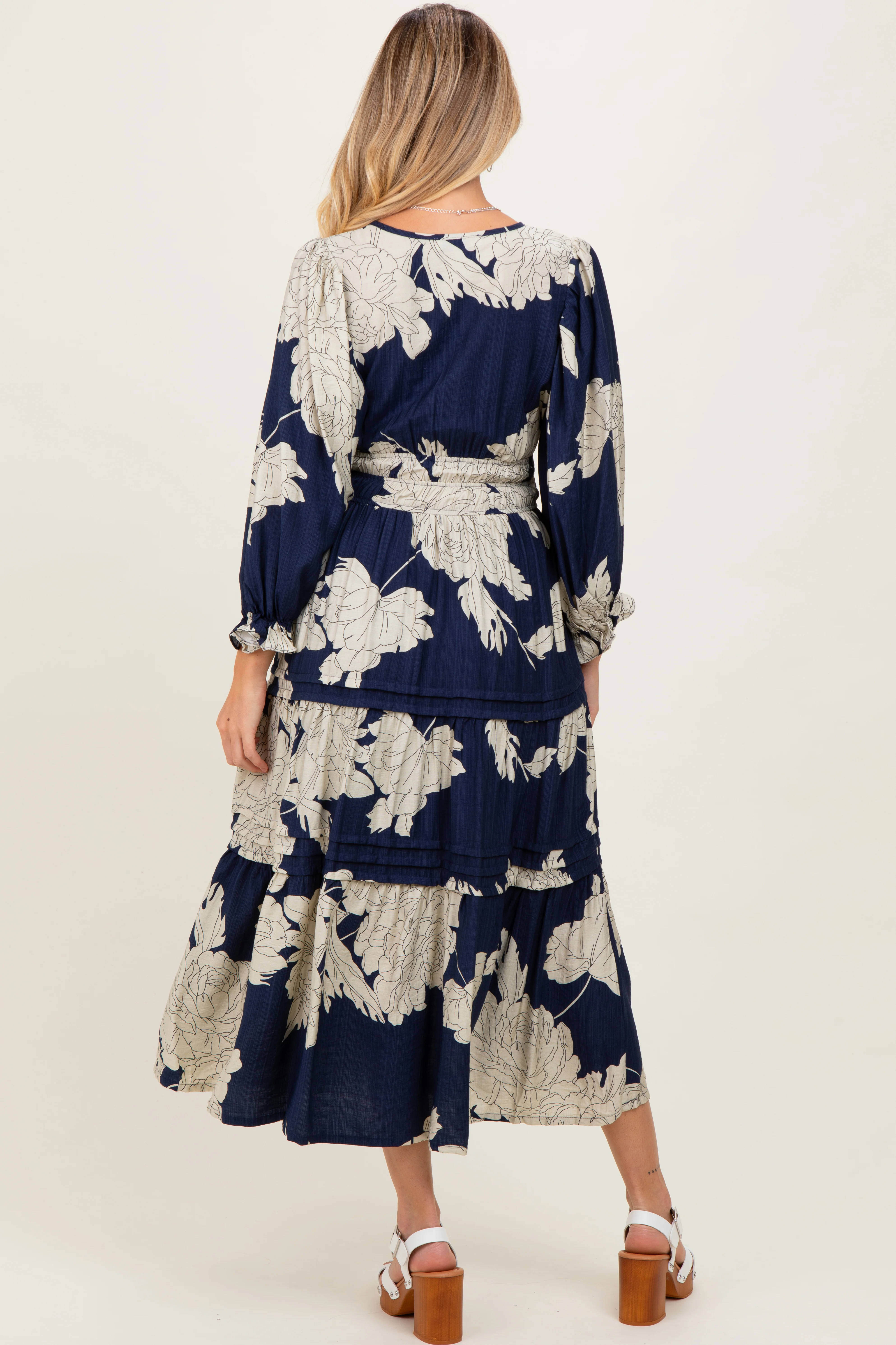 Navy Floral Long 3/4 Sleeve Tiered Maternity Midi Dress - Image 2