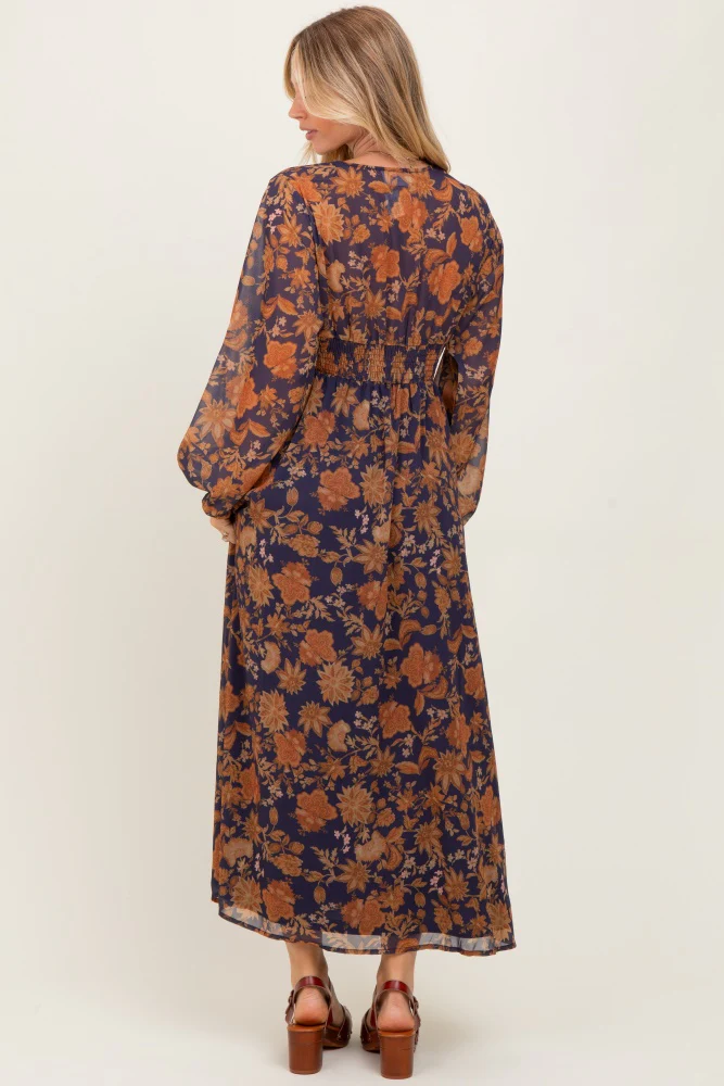 Navy Floral Long Sleeve V-Neck Maxi Dress - Image 4