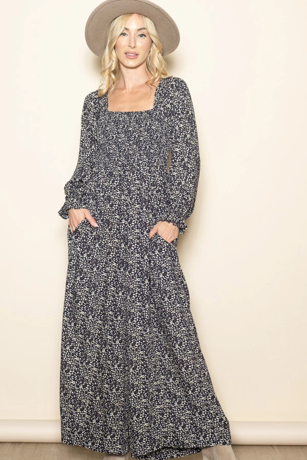 Navy Floral Long Sleeve Wide Leg Maternity Jumpsuit - Image 4