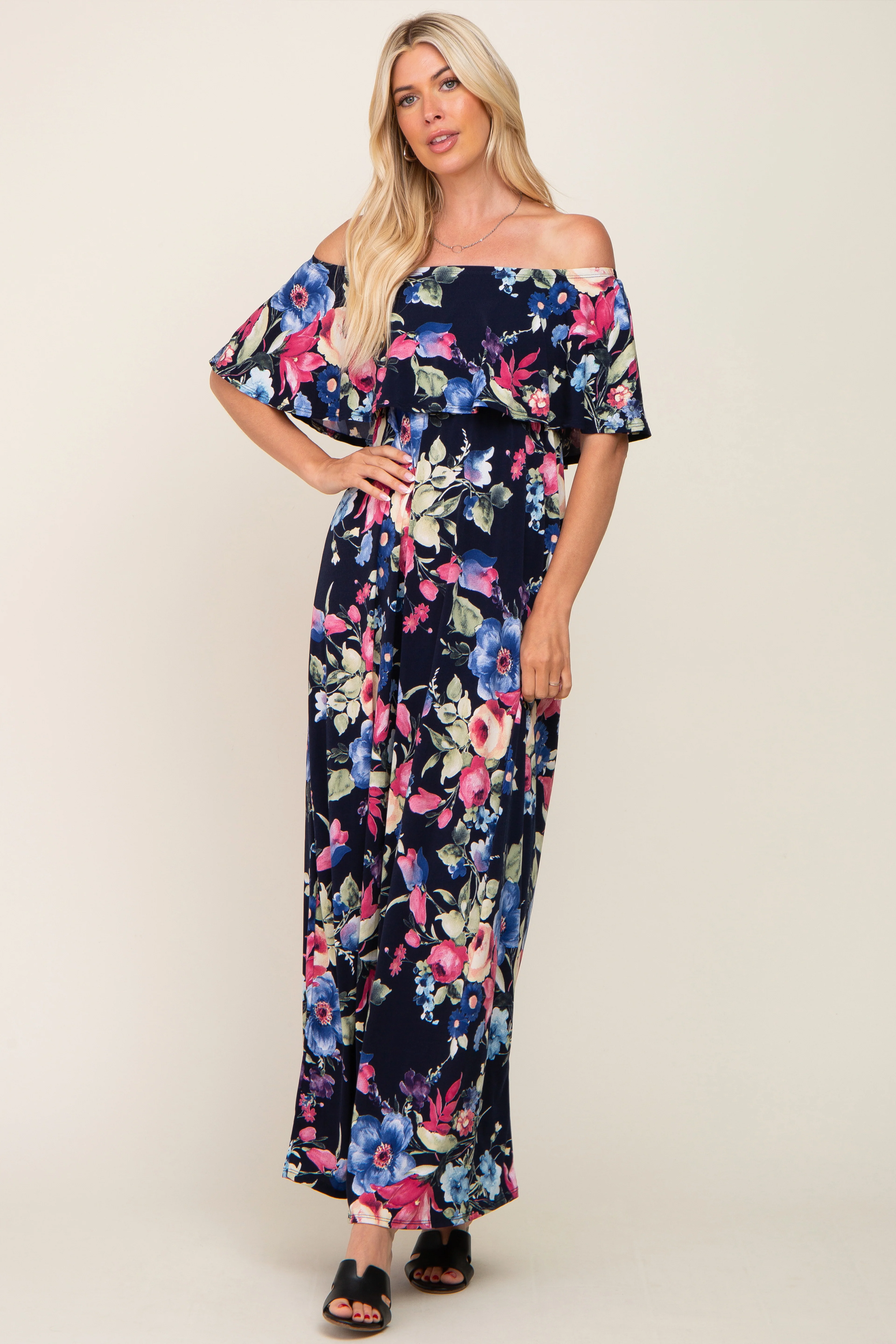Navy Floral Off Shoulder Flounce Maternity Maxi Dress - Image 5