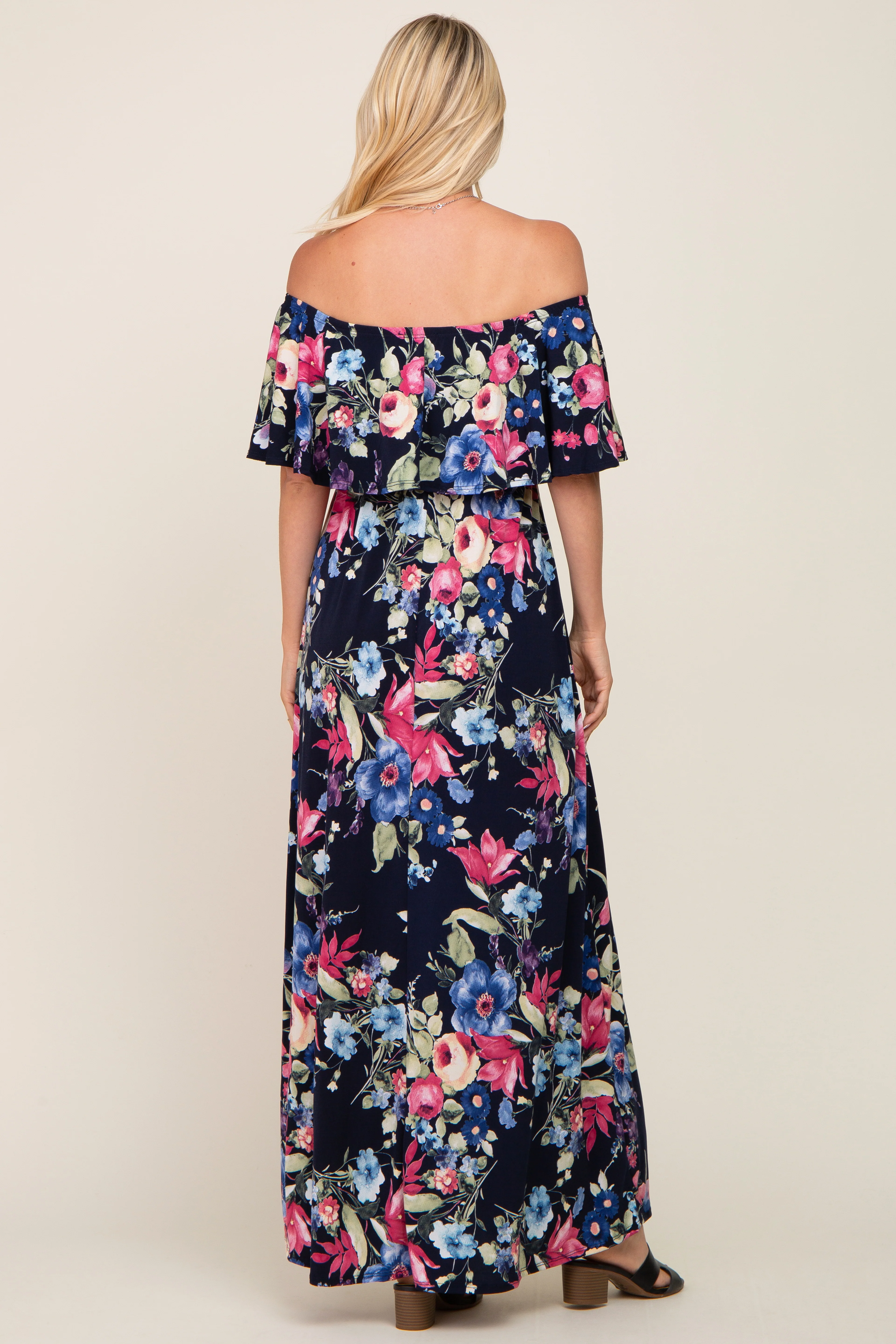 Navy Floral Off Shoulder Flounce Maxi Dress - Image 3