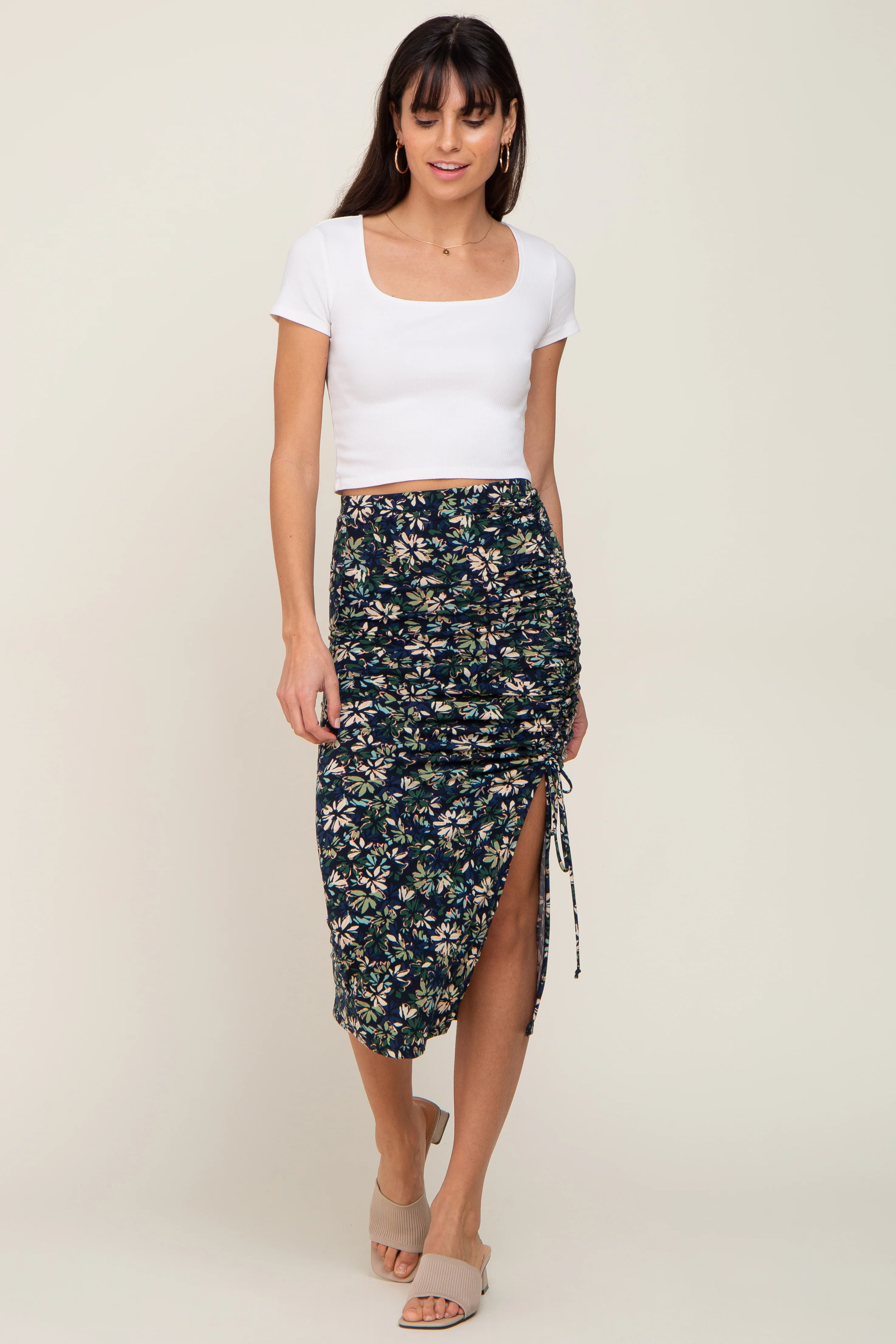 Navy Floral Ruched Slit Midi Skirt - Image 5