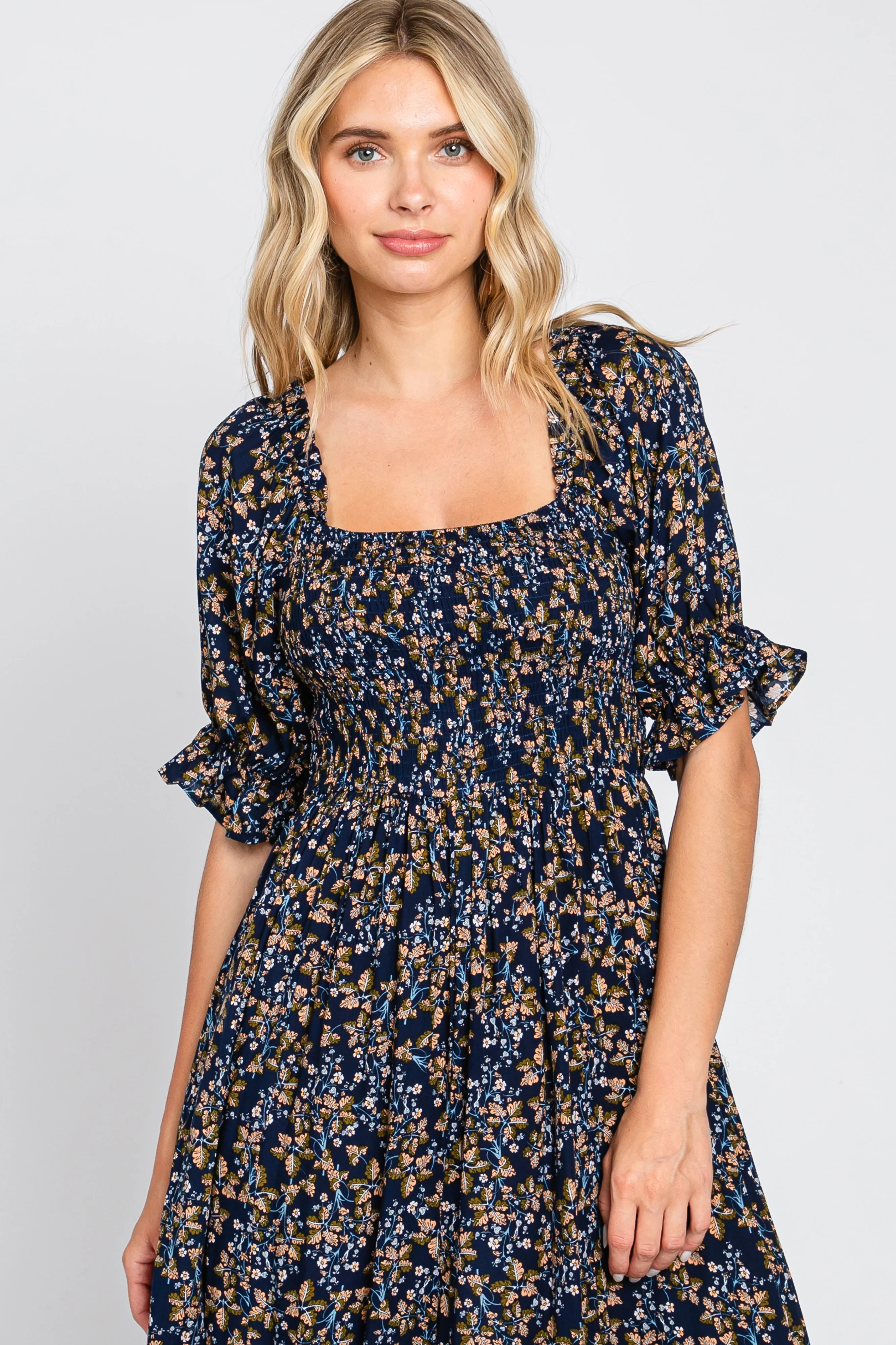 Navy Floral Smocked Jumpsuit - Image 4