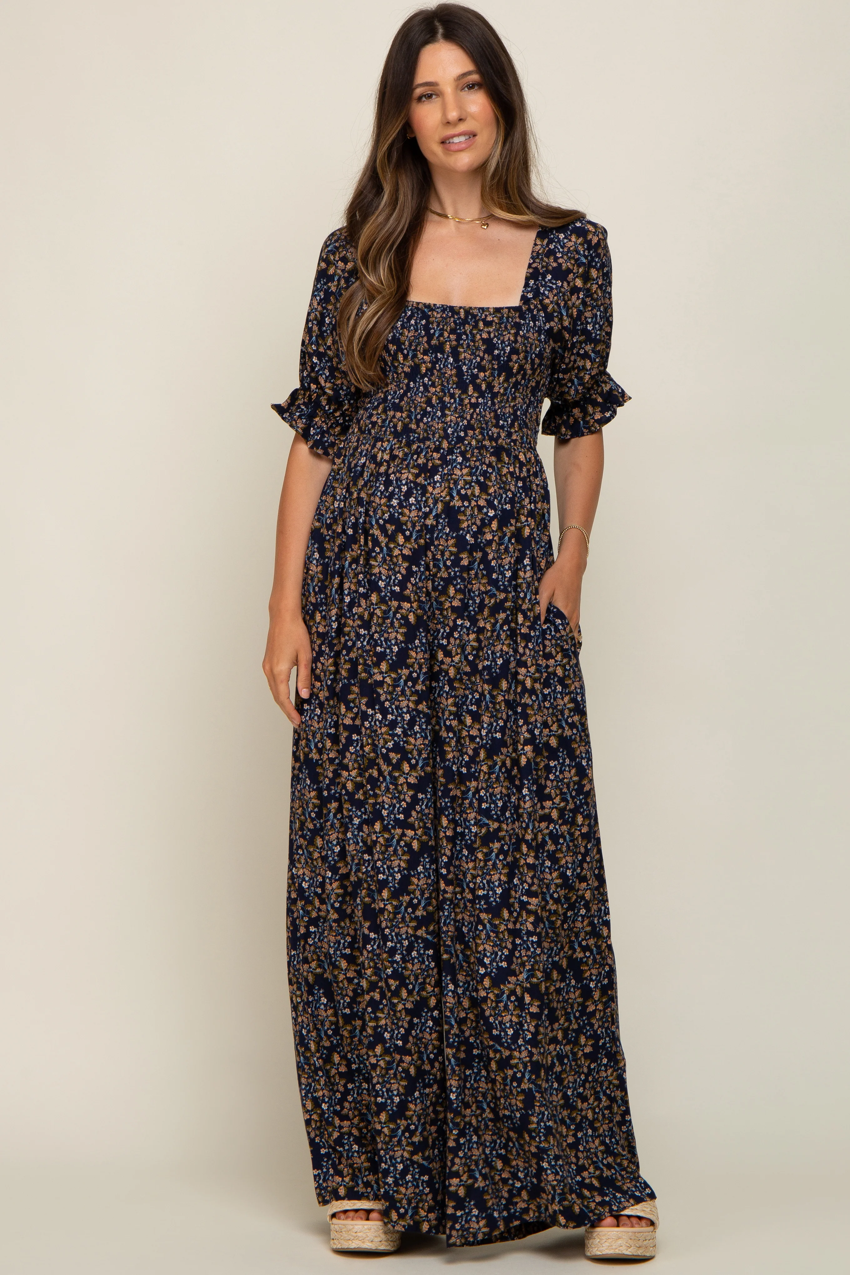 Navy Floral Smocked Maternity Jumpsuit - Image 5
