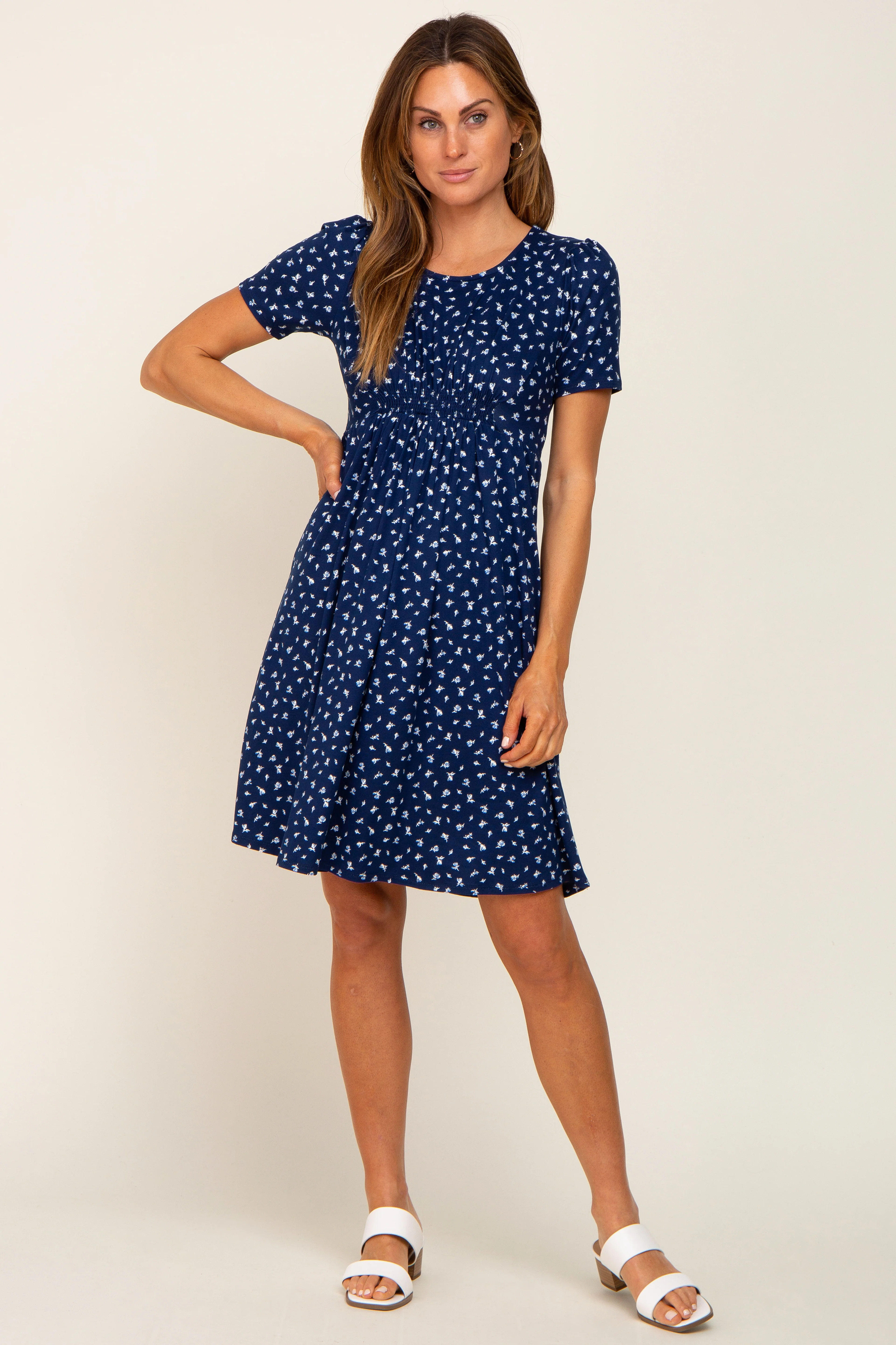 Navy Floral Smocked Short Sleeve Dress - Image 4