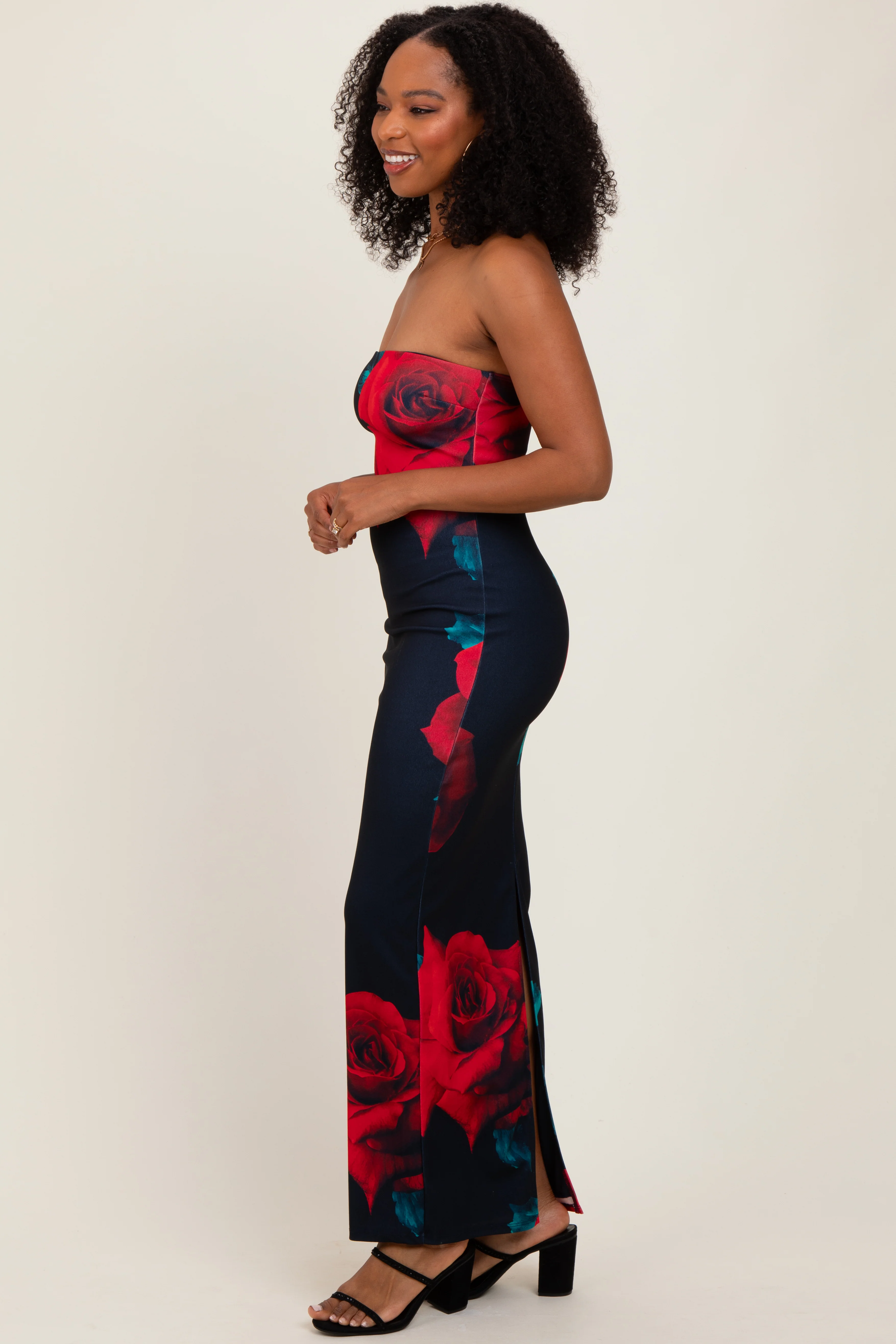 Navy Floral Strapless Maxi Dress - Image 3