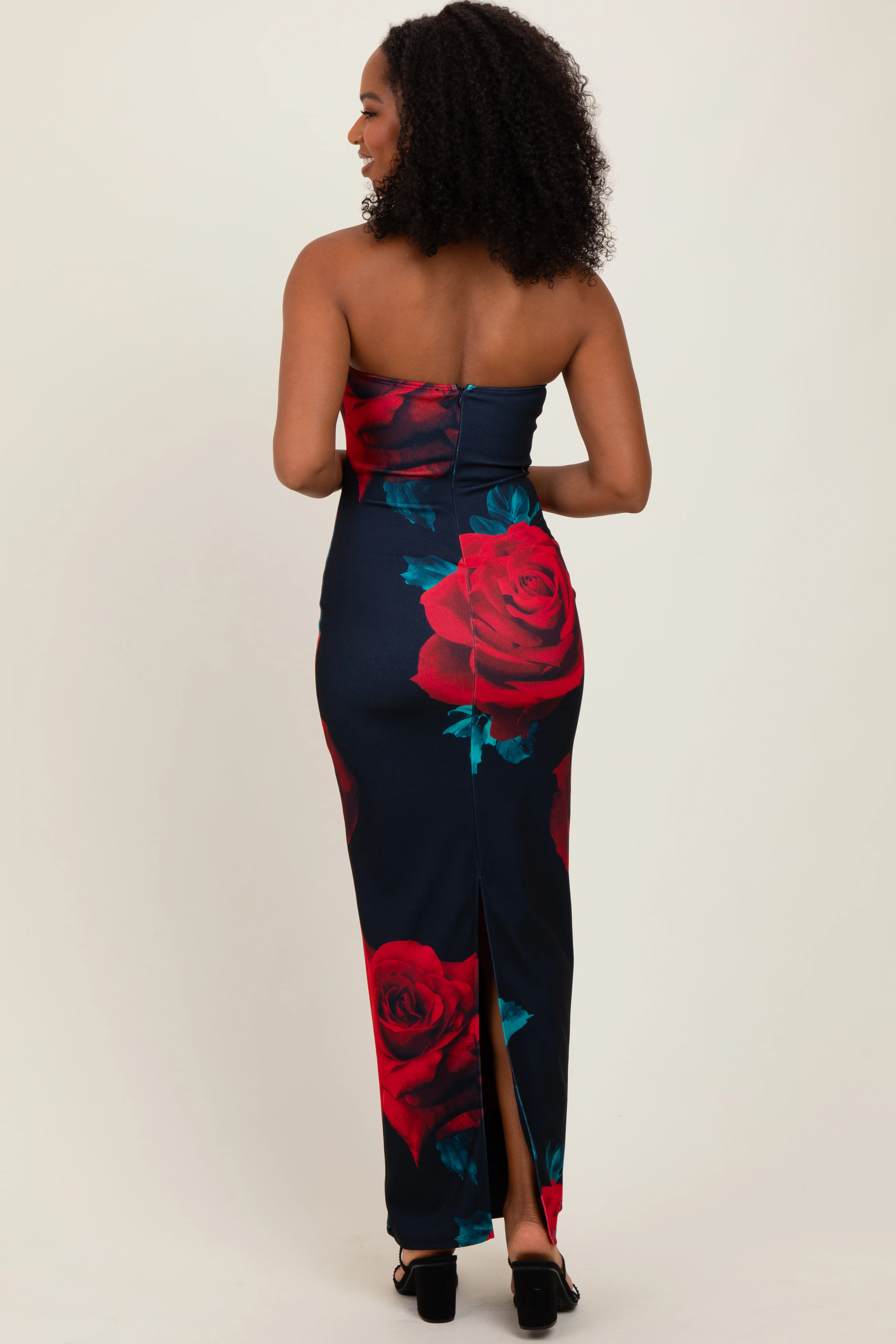 Navy Floral Strapless Maxi Dress - Image 4