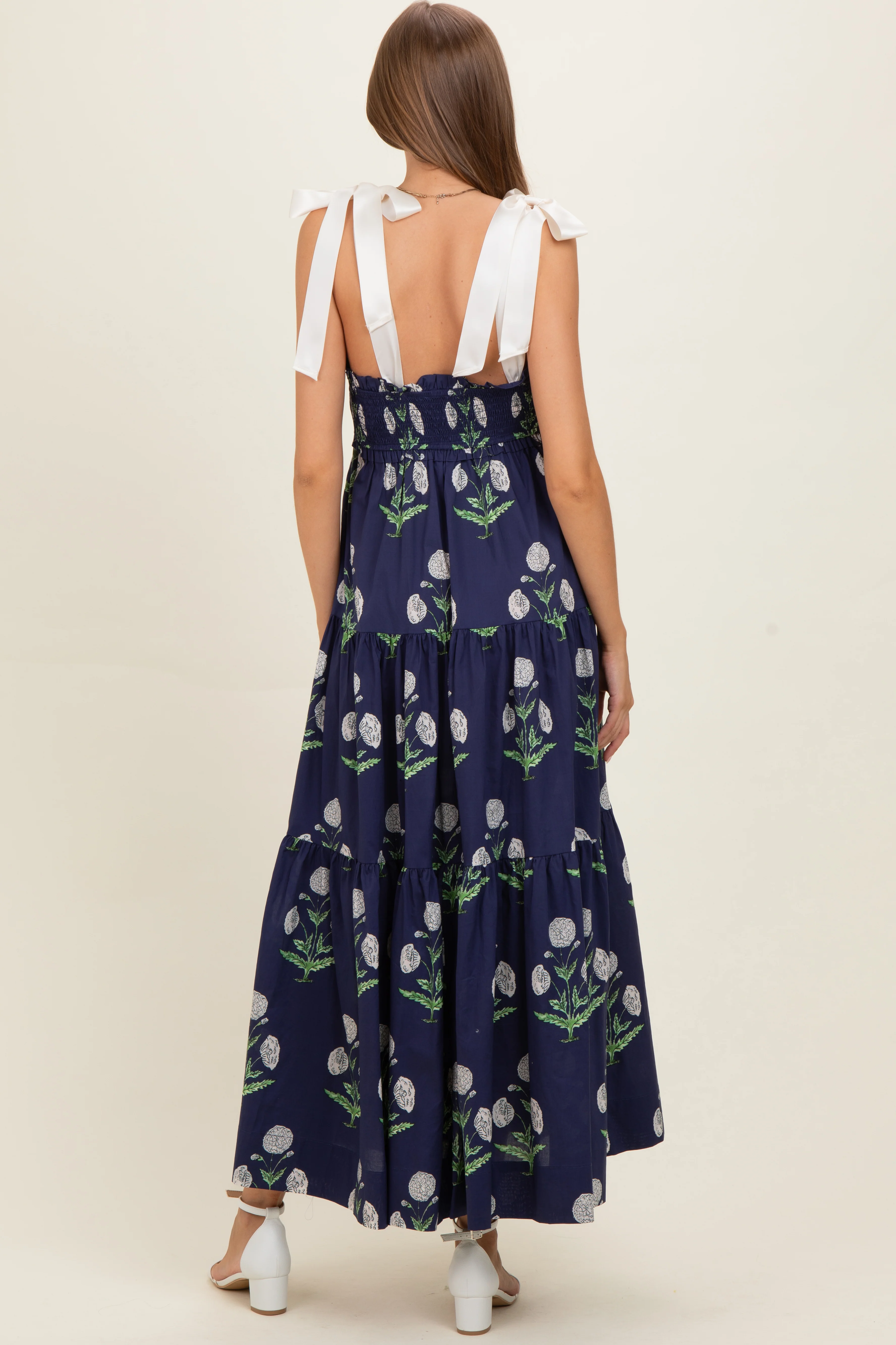 Navy Floral Sweetheart Neckline Smocked Maternity Maxi Dress - Image 3