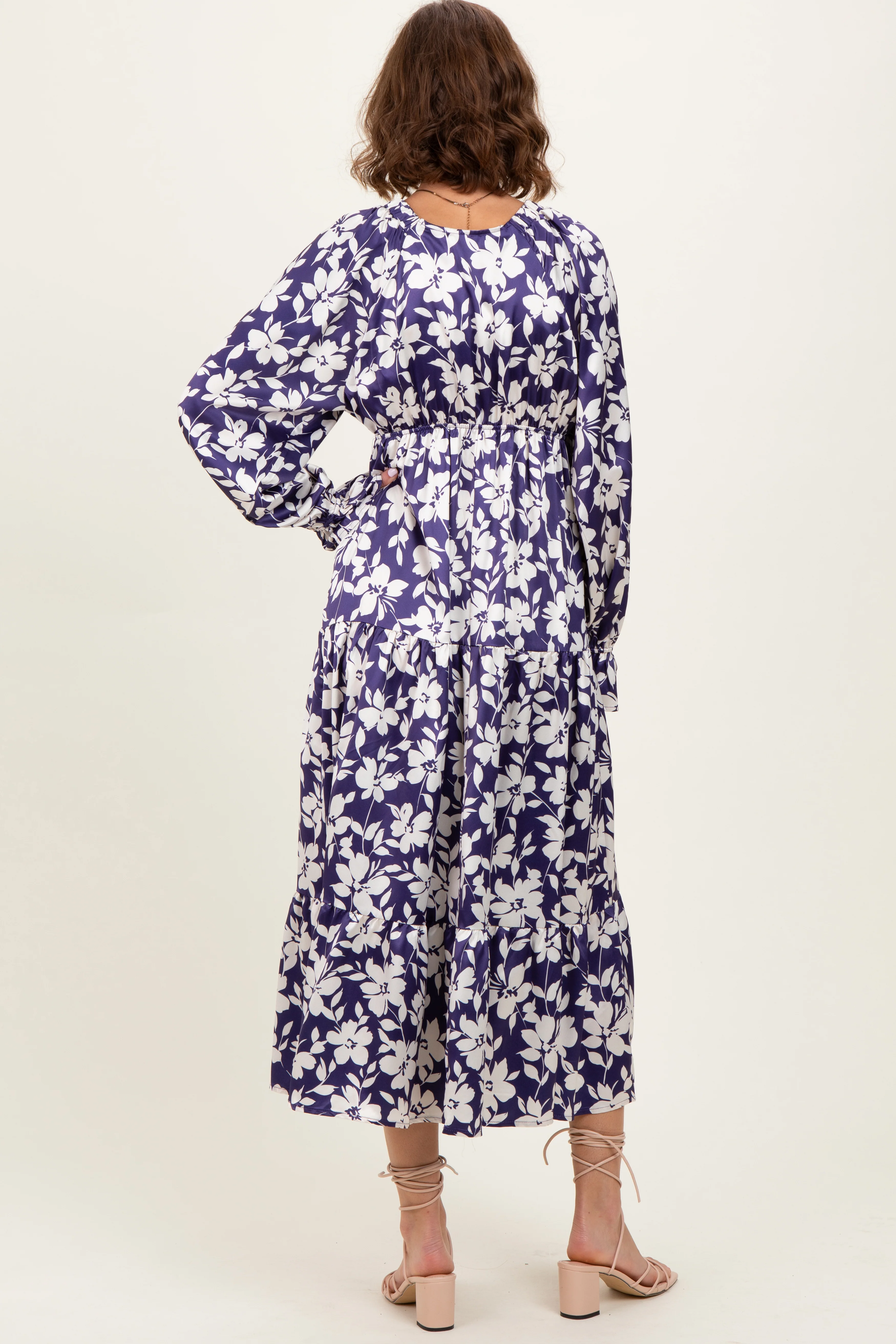 Navy Floral Tiered Ruched V-Neck Satin Maxi Dress - Image 4