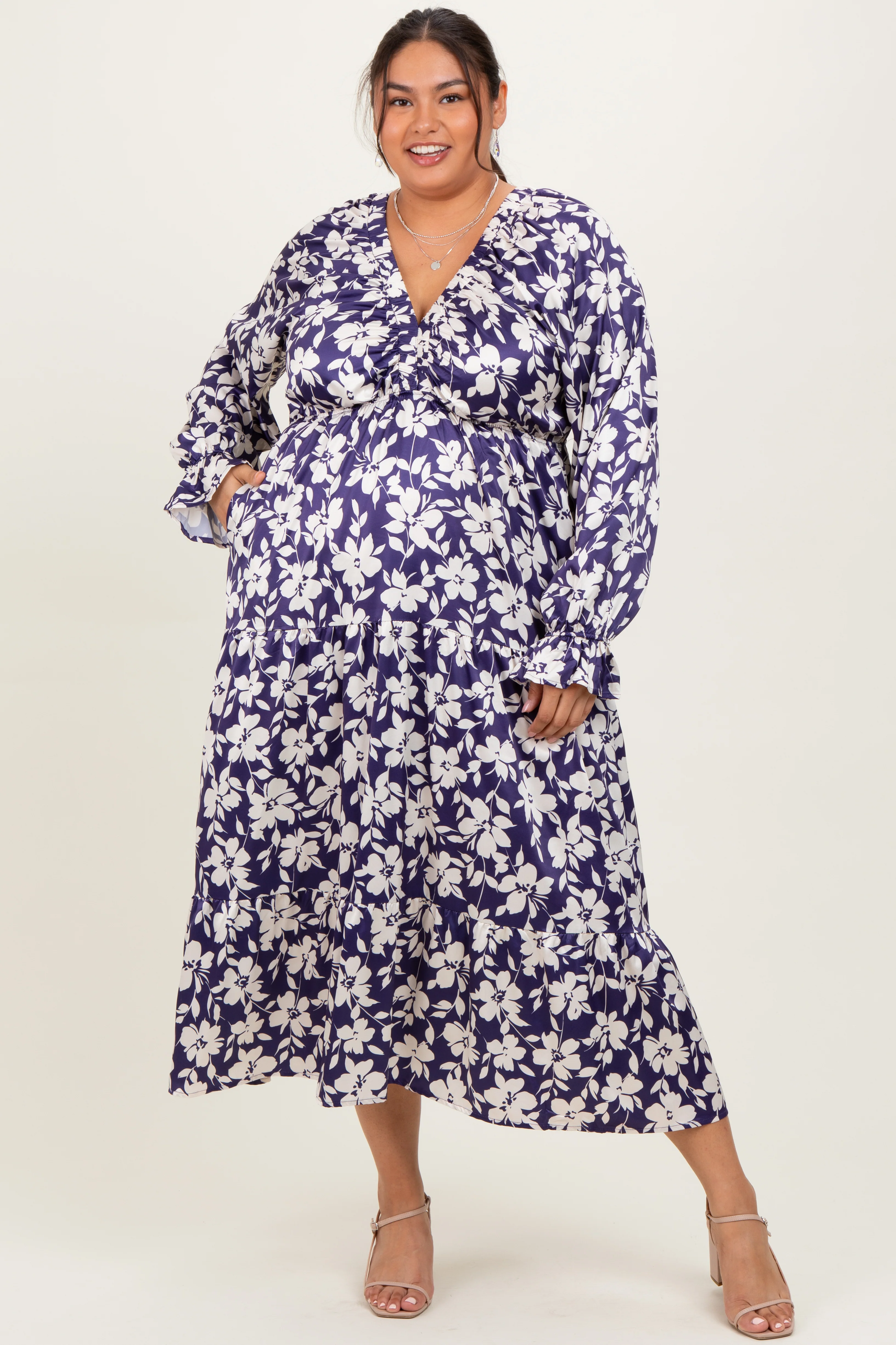 Navy Floral Tiered Ruched V-Neck Satin Plus Maxi Dress - Image 2