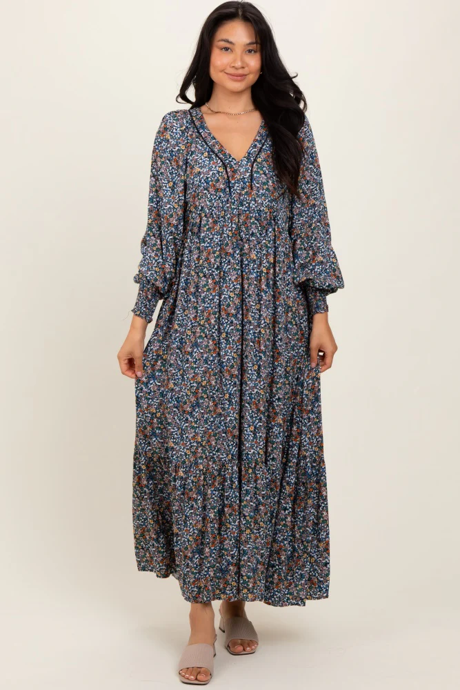 Navy Floral V-Neck Bubble Sleeve Maternity Maxi Dress - Image 5